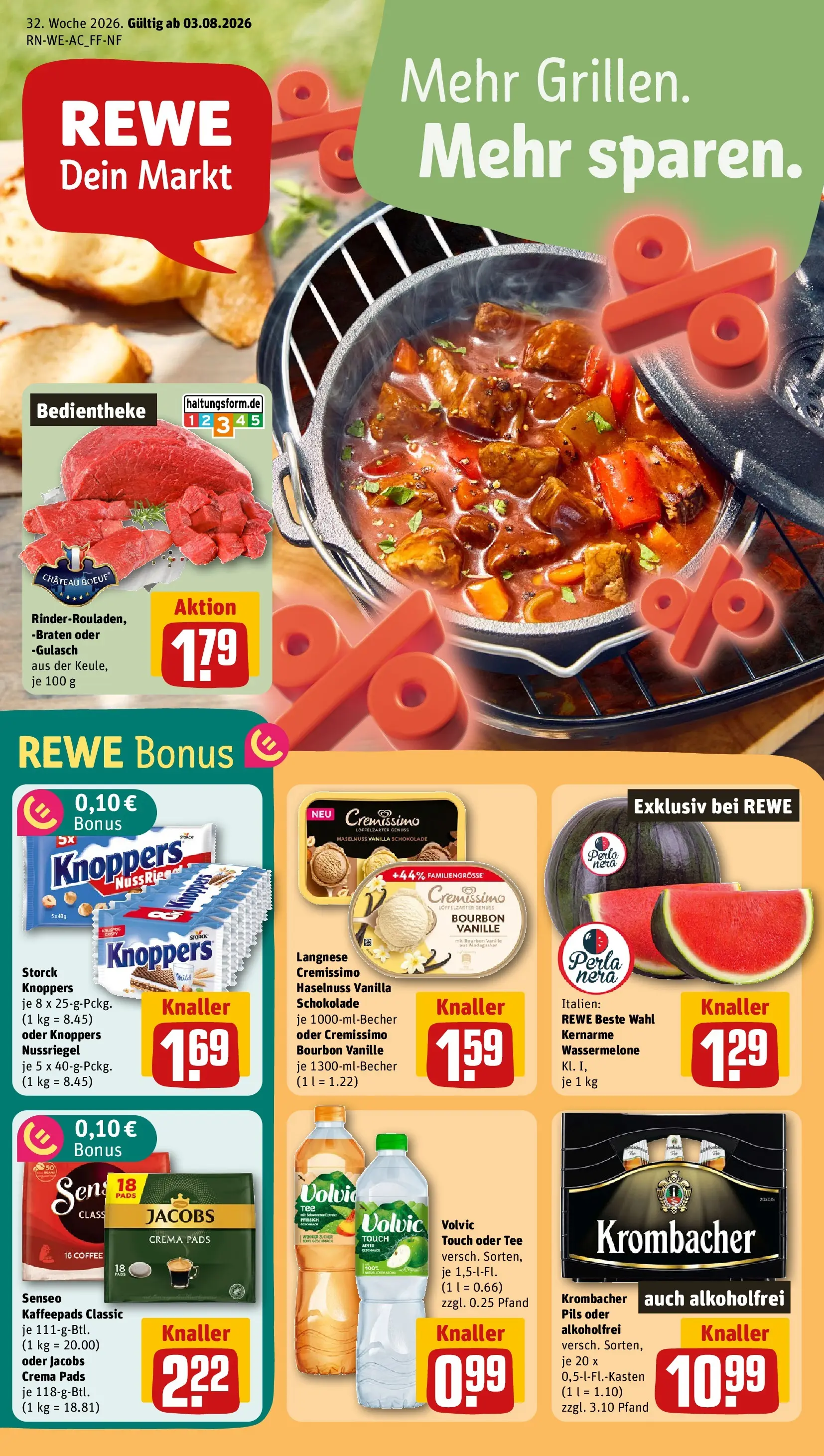 REWE Prospekt ab 03.08.2026 zum Blättern » Angebote | Seite: 1 | Produkte: Langnese, Pils, Gulasch, Wassermelone