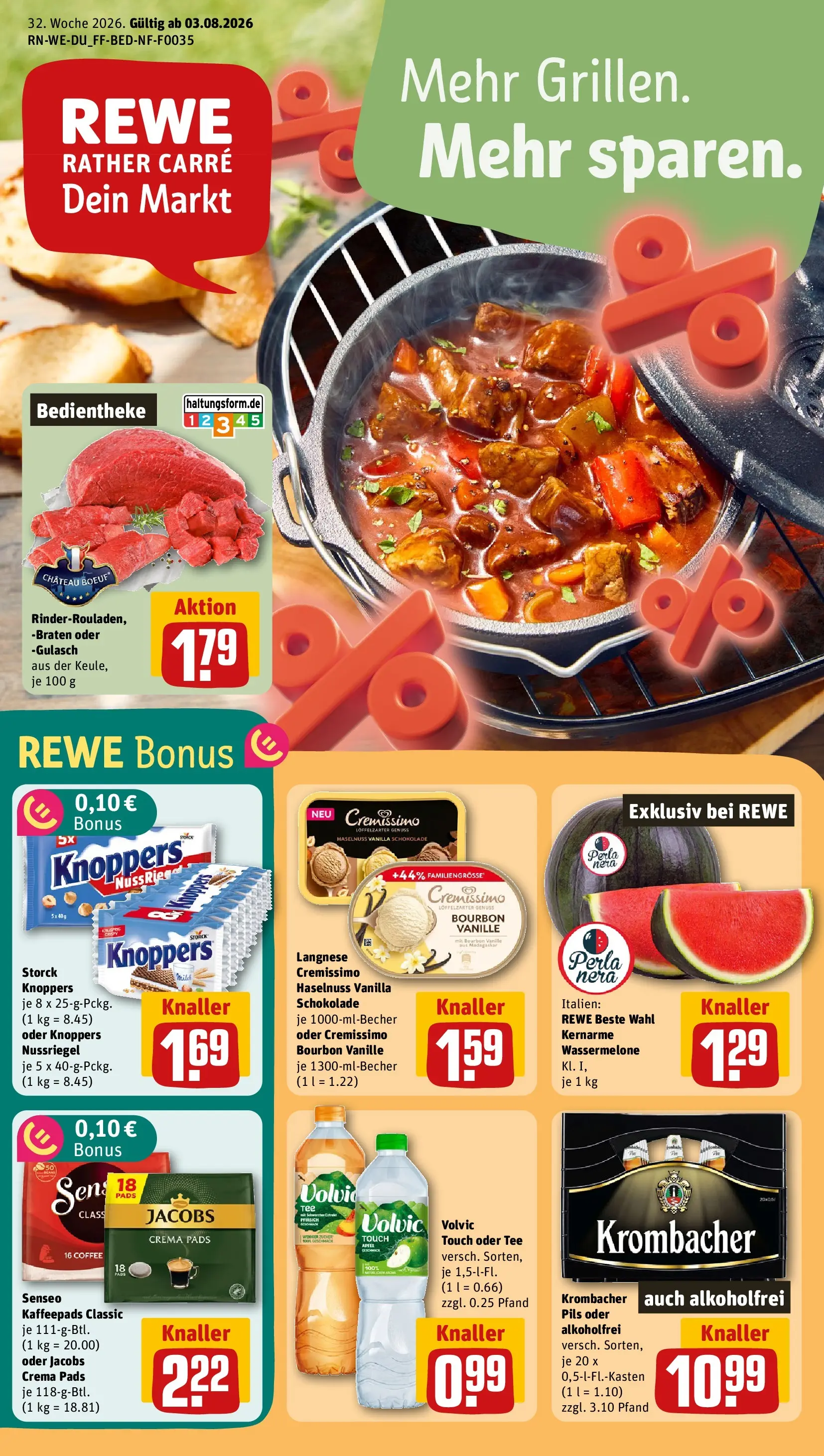 REWE Prospekt ab 03.08.2026 zum Blättern » Angebote | Seite: 1 | Produkte: Schokolade, Gulasch, Knoppers, Krombacher