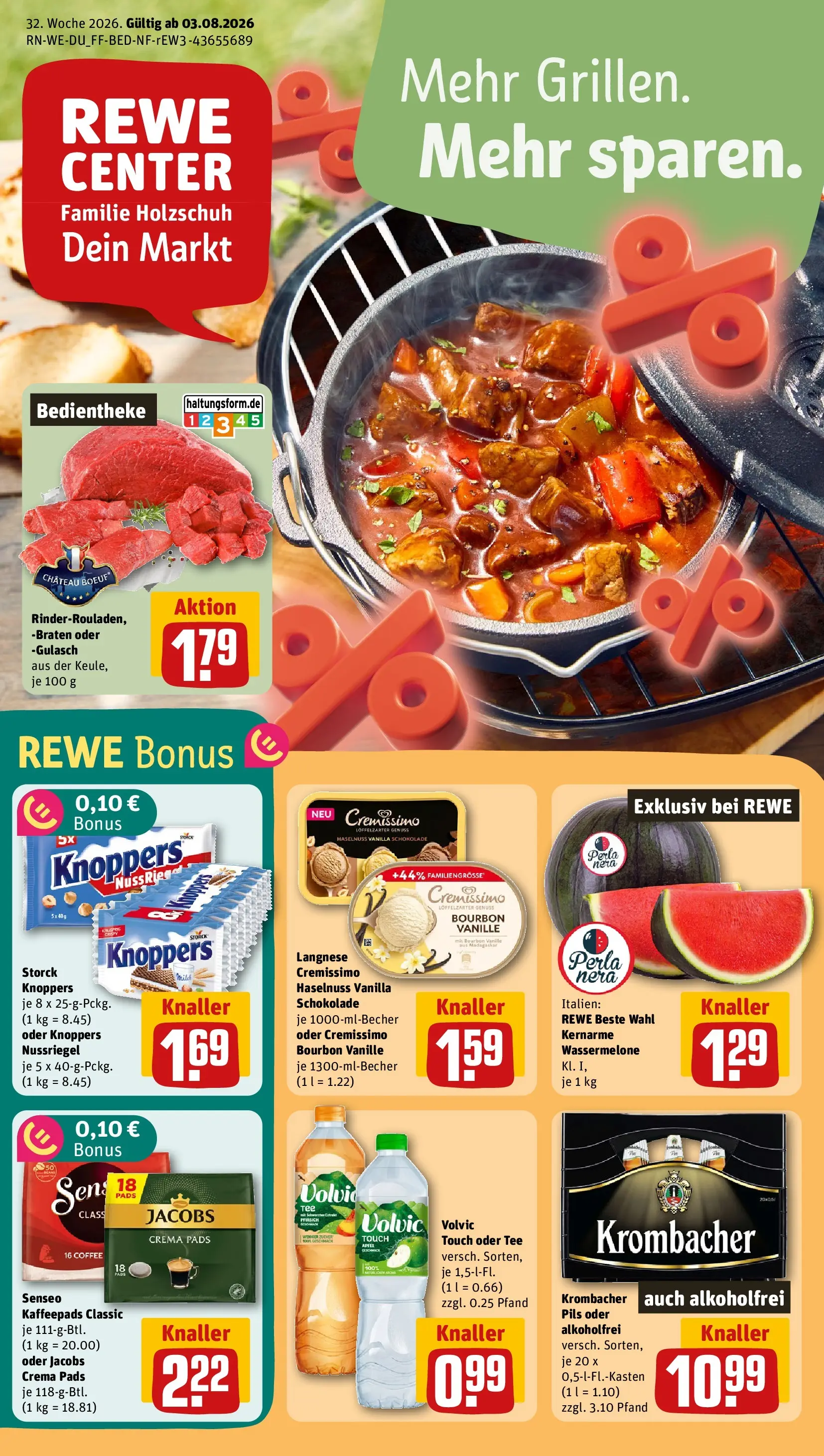REWE Prospekt ab 03.08.2026 zum Blättern » Angebote | Seite: 1 | Produkte: Pils, Äpfel, Gulasch, Bourbon