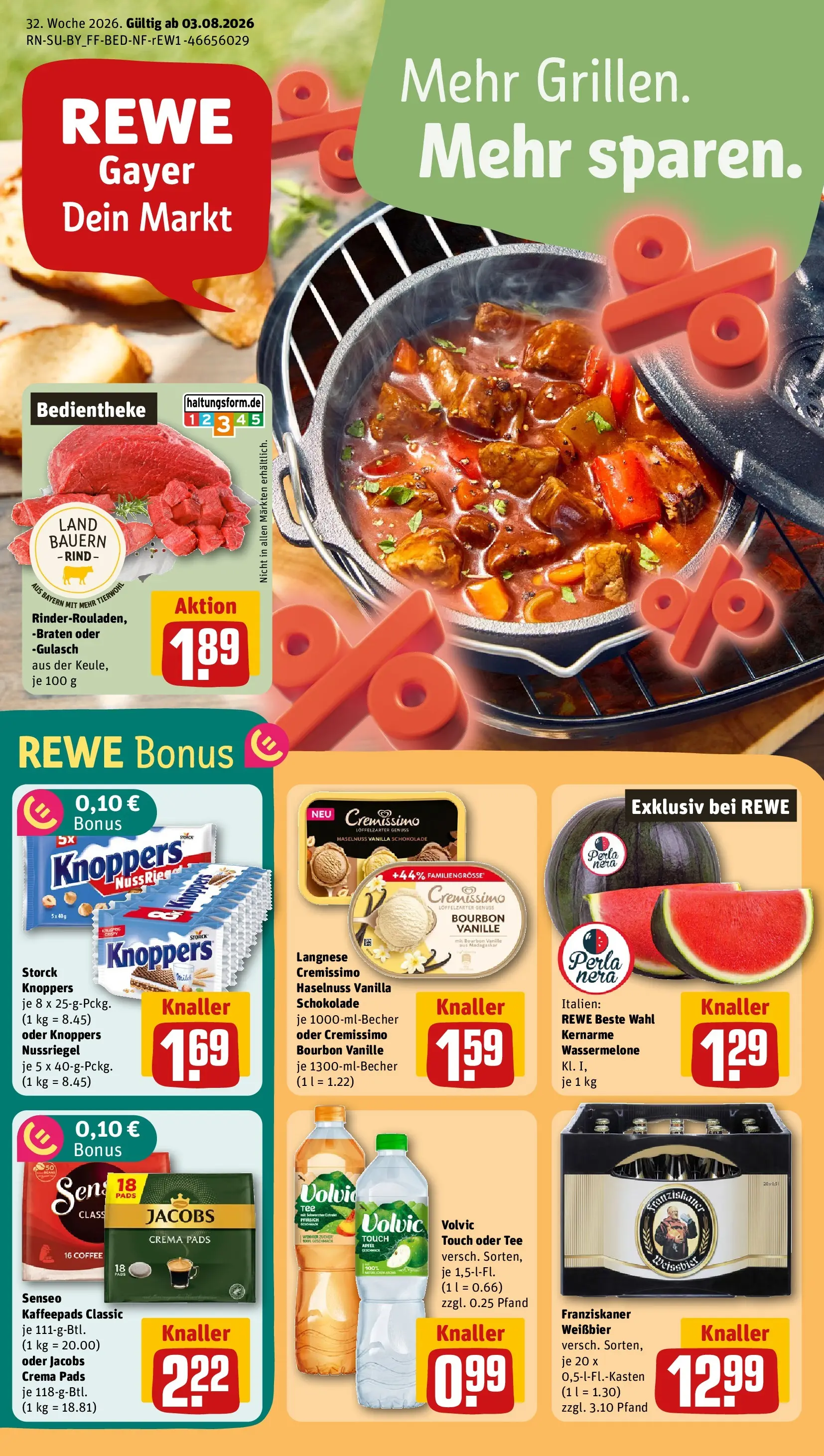 REWE Prospekt ab 03.08.2026 zum Blättern » Angebote | Seite: 1 | Produkte: Kaffeepads, Weißbier, Gulasch, Tee