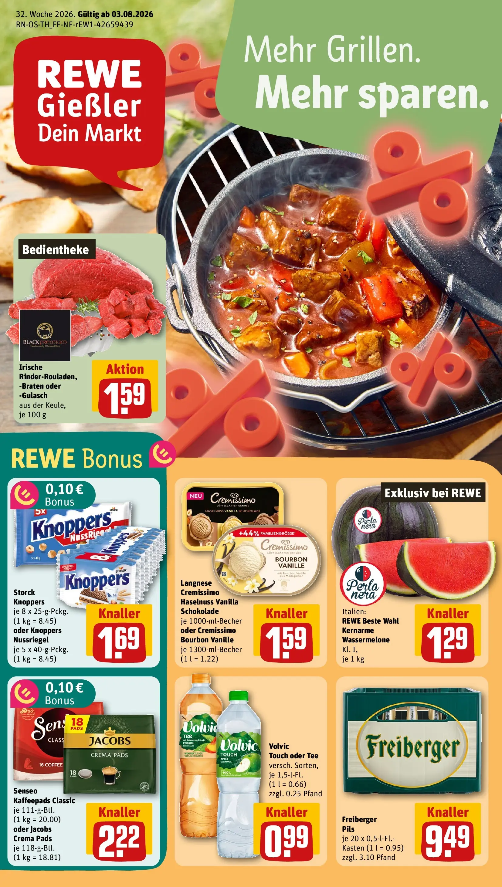 REWE Prospekt ab 03.08.2026 zum Blättern » Angebote | Seite: 1 | Produkte: Senseo, Langnese, Schokolade, Volvic