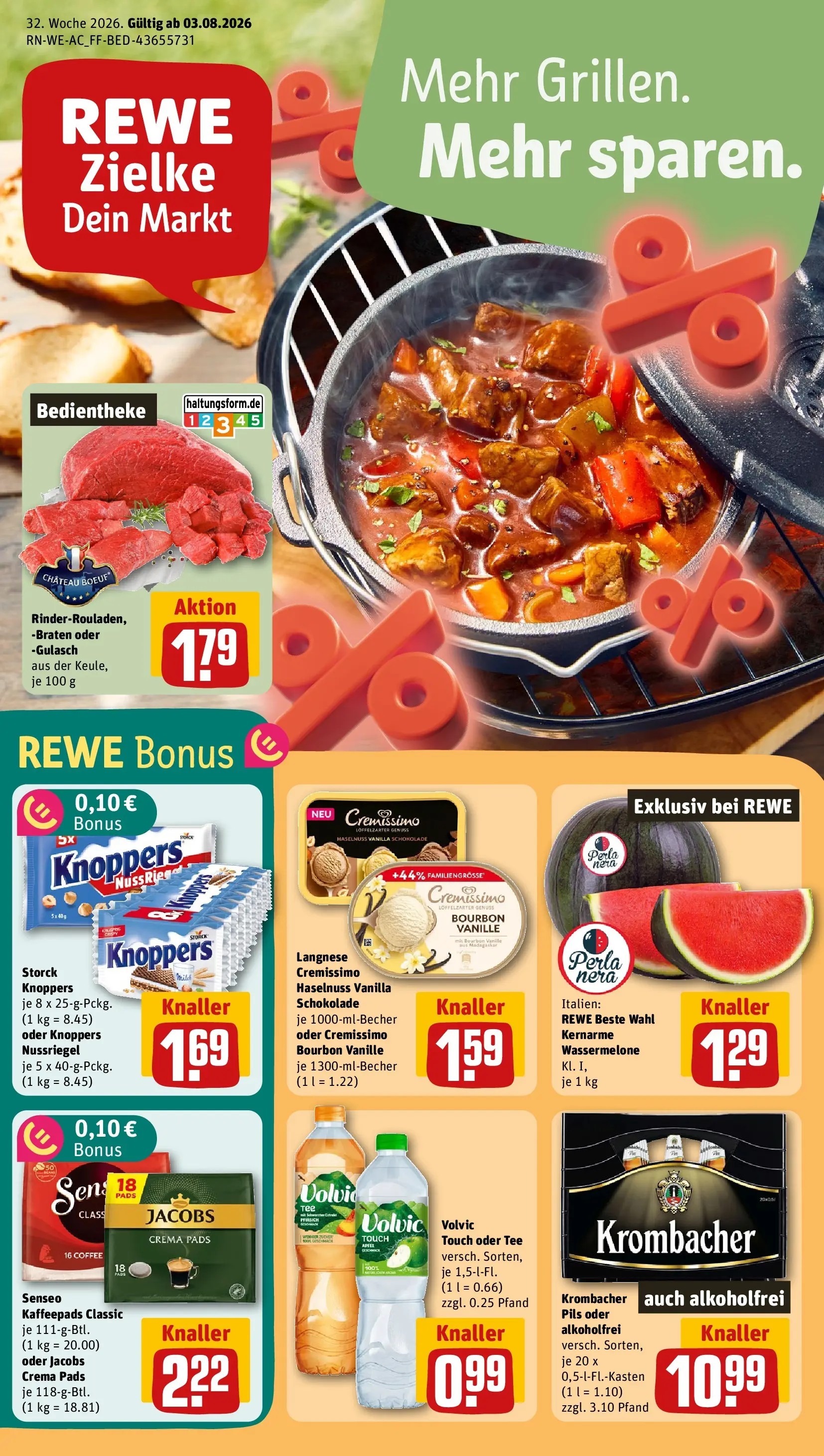 REWE Prospekt ab 03.08.2026 zum Blättern » Angebote | Seite: 1 | Produkte: Senseo, Langnese, Kaffeepads, Volvic