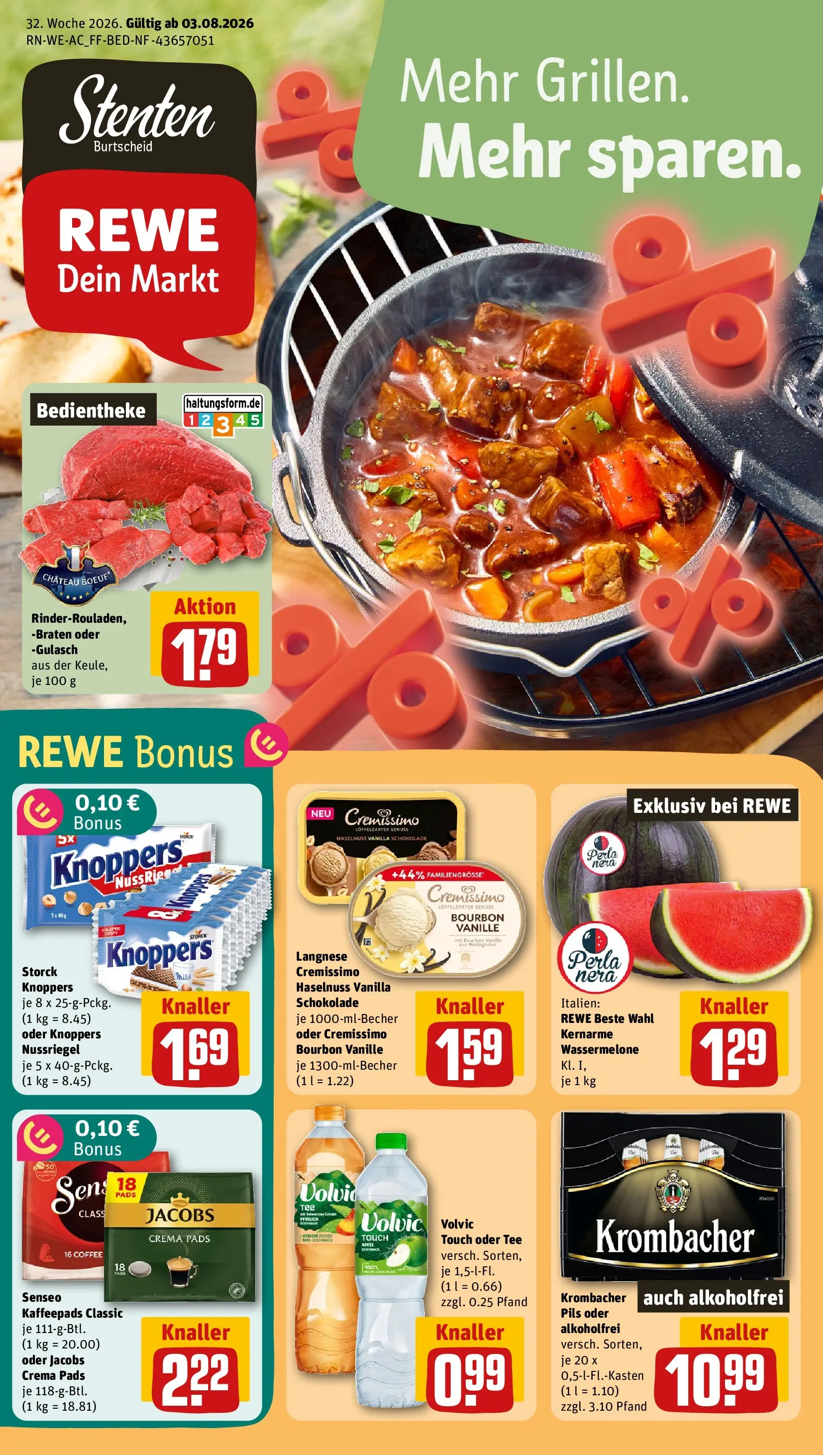 REWE Prospekt ab 03.08.2026 zum Blättern » Angebote | Seite: 1 | Produkte: Kaffeepads, Äpfel, Krombacher, Volvic