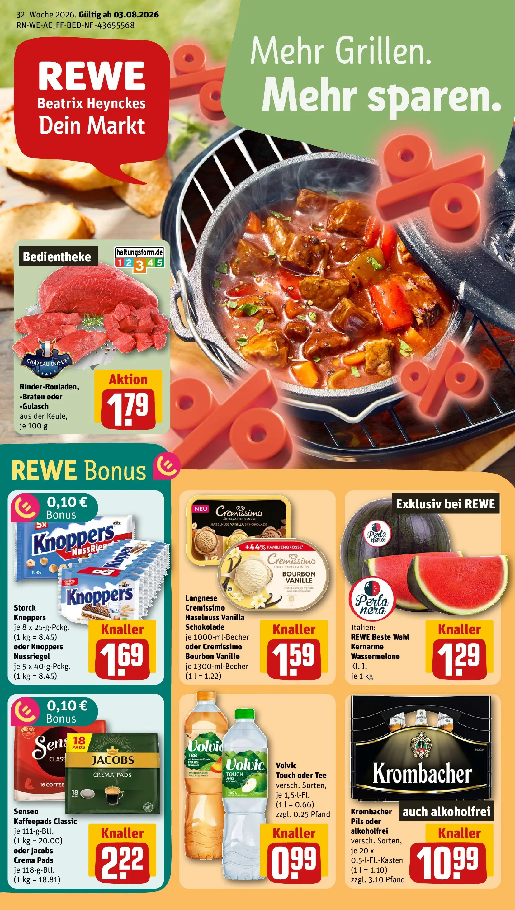 REWE Prospekt ab 03.08.2026 zum Blättern » Angebote | Seite: 1 | Produkte: Senseo, Gulasch, Pfirsich, Krombacher