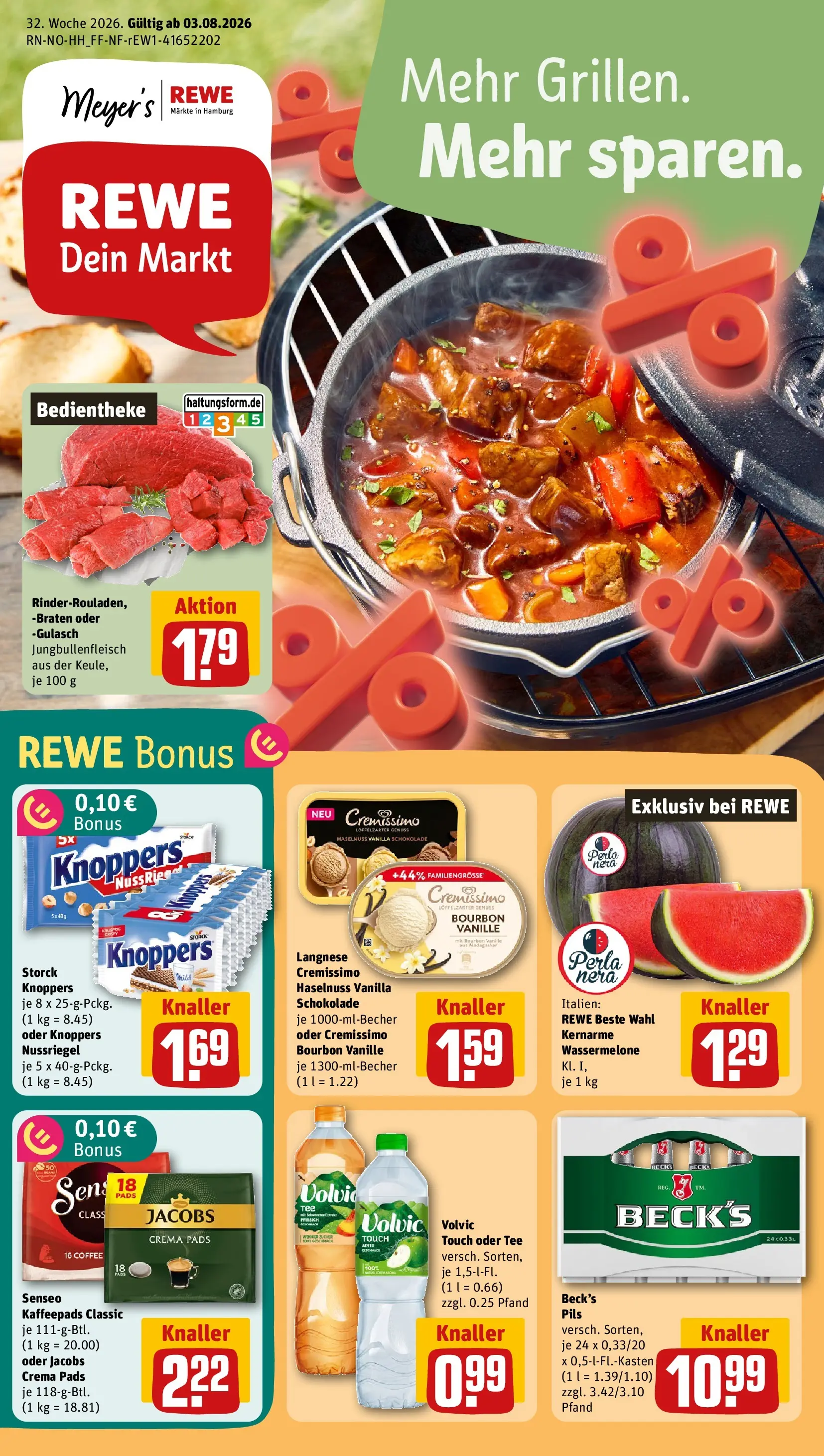 REWE Prospekt ab 03.08.2026 zum Blättern » Angebote | Seite: 1 | Produkte: Langnese, Pils, Gulasch, Volvic