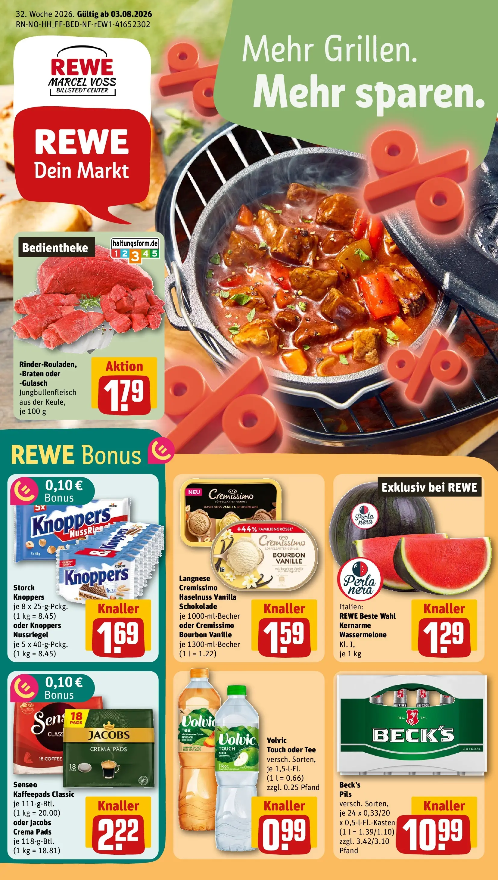 REWE Prospekt ab 03.08.2026 zum Blättern » Angebote | Seite: 1 | Produkte: Senseo, Schokolade, Pfirsich, Knoppers