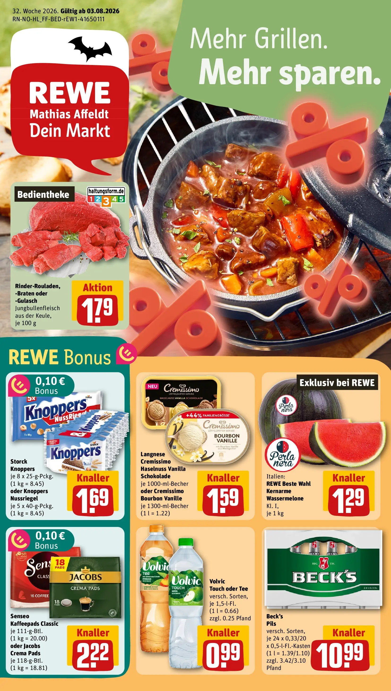 REWE Prospekt ab 03.08.2026 zum Blättern » Angebote | Seite: 1 | Produkte: Langnese cremissimo, Schokolade, Gulasch, Volvic