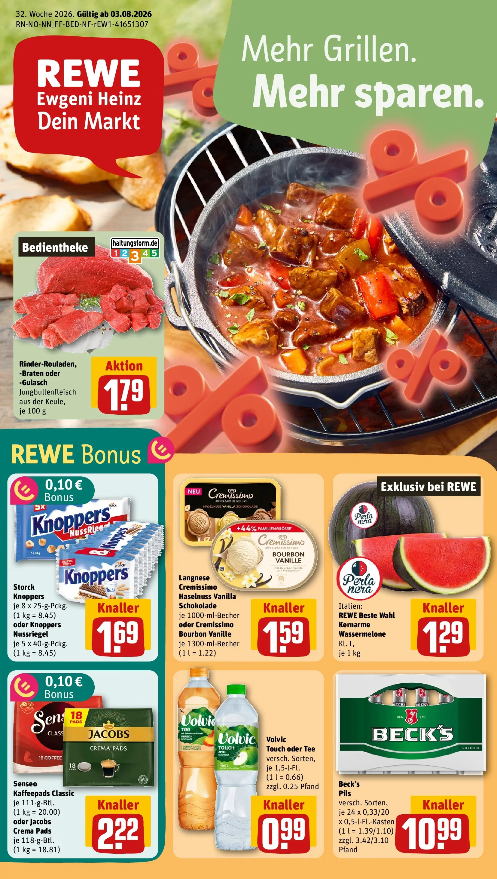 REWE Prospekt ab 03.08.2026 zum Blättern » Angebote | Seite: 1 | Produkte: Schokolade, Knoppers, Wassermelone, Volvic