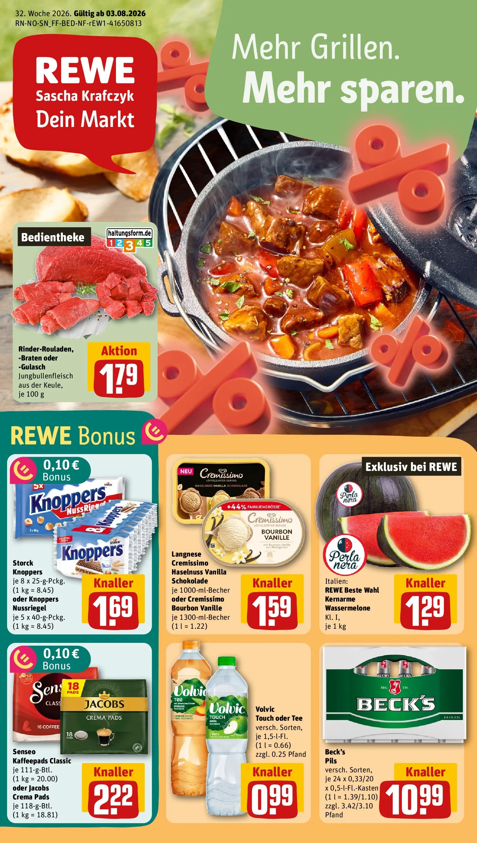 REWE Prospekt ab 03.08.2026 zum Blättern » Angebote | Seite: 1 | Produkte: Schokolade, Pfirsich, Tee, Volvic