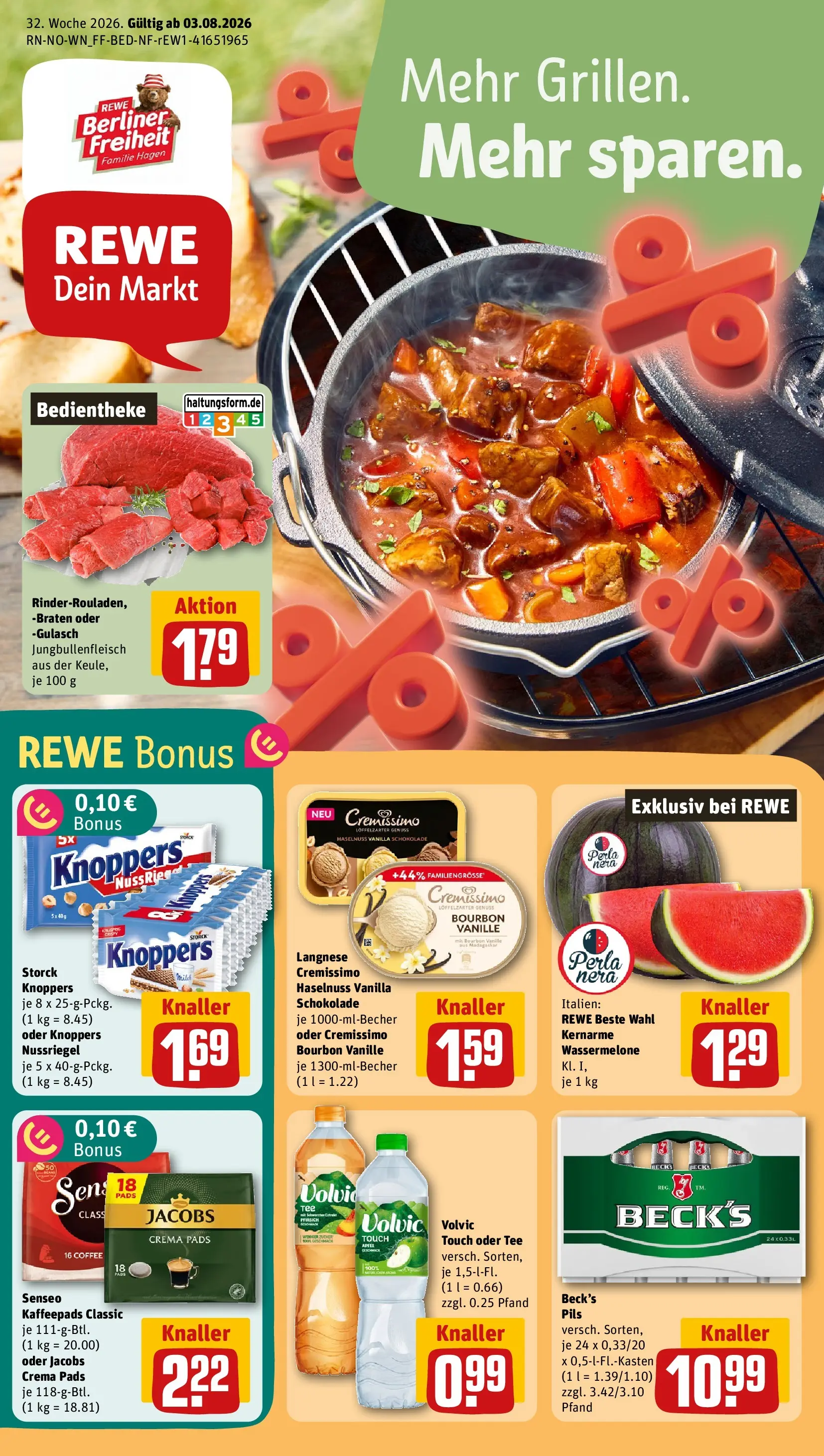 REWE Prospekt ab 03.08.2026 zum Blättern » Angebote | Seite: 1 | Produkte: Langnese, Kaffeepads, Äpfel, Knoppers