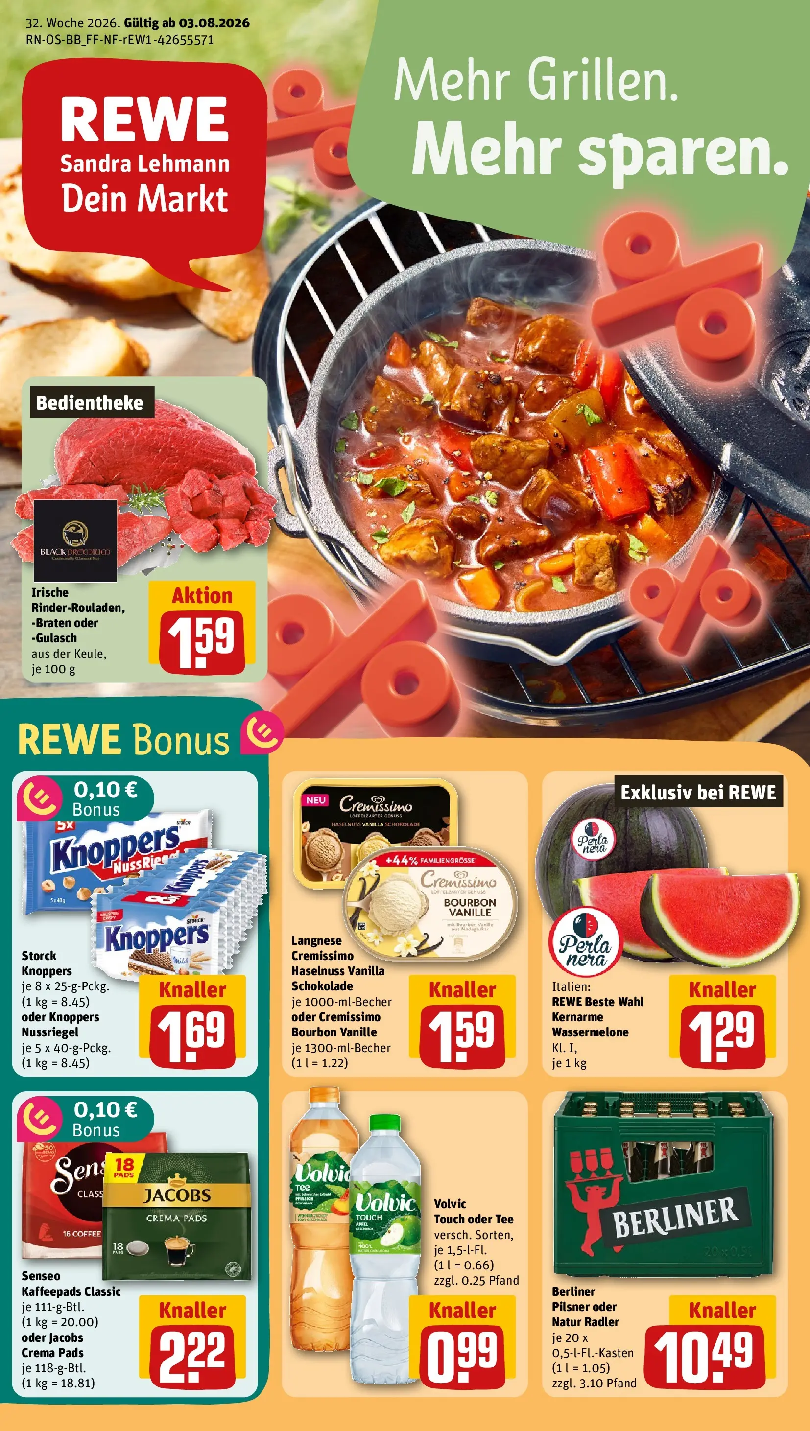 REWE Prospekt ab 03.08.2026 zum Blättern » Angebote | Seite: 1 | Produkte: Berliner, Kaffeepads, Gulasch, Volvic