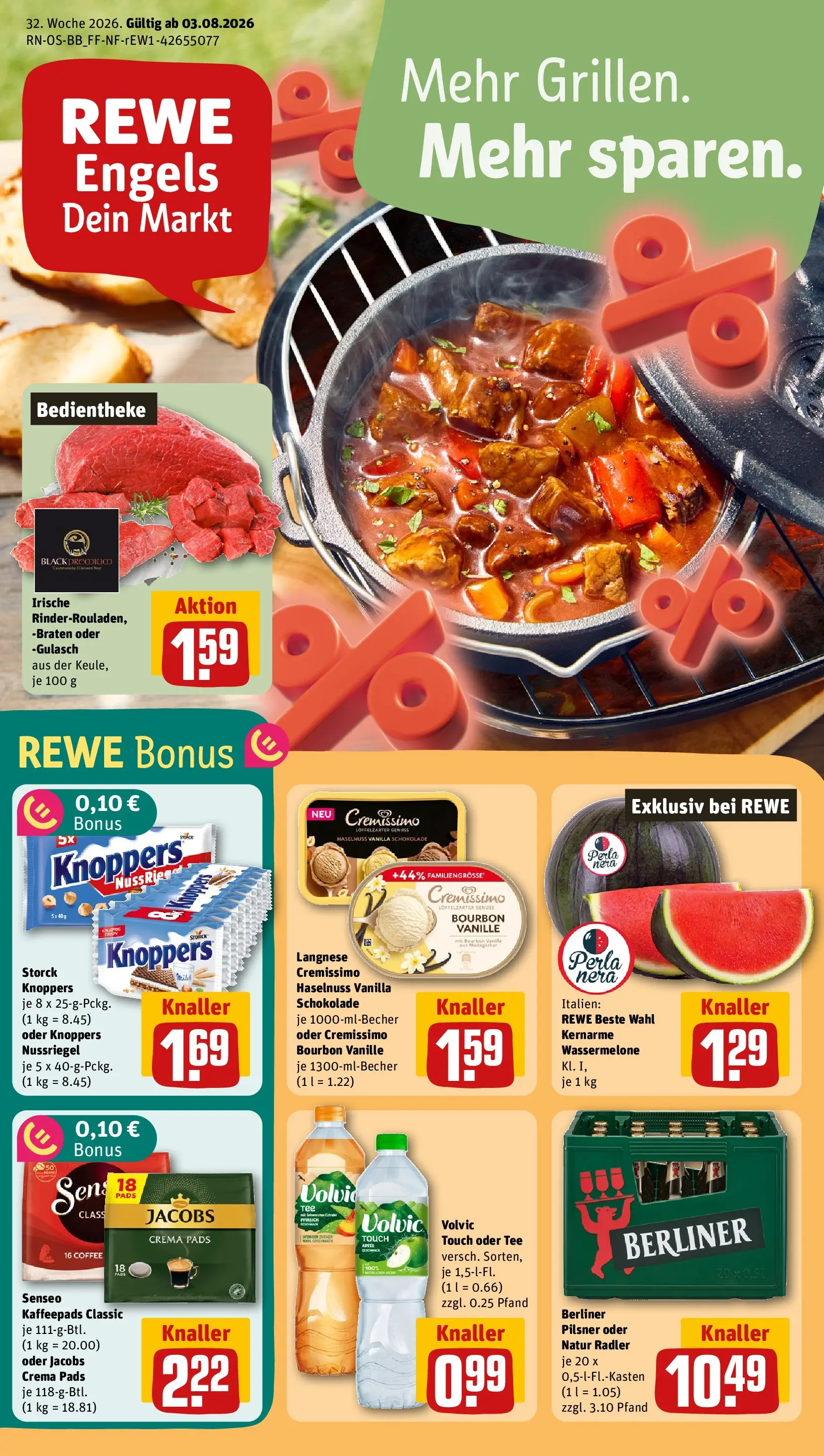 REWE Prospekt ab 03.08.2026 zum Blättern » Angebote | Seite: 1 | Produkte: Berliner, Kaffeepads, Radler, Bourbon