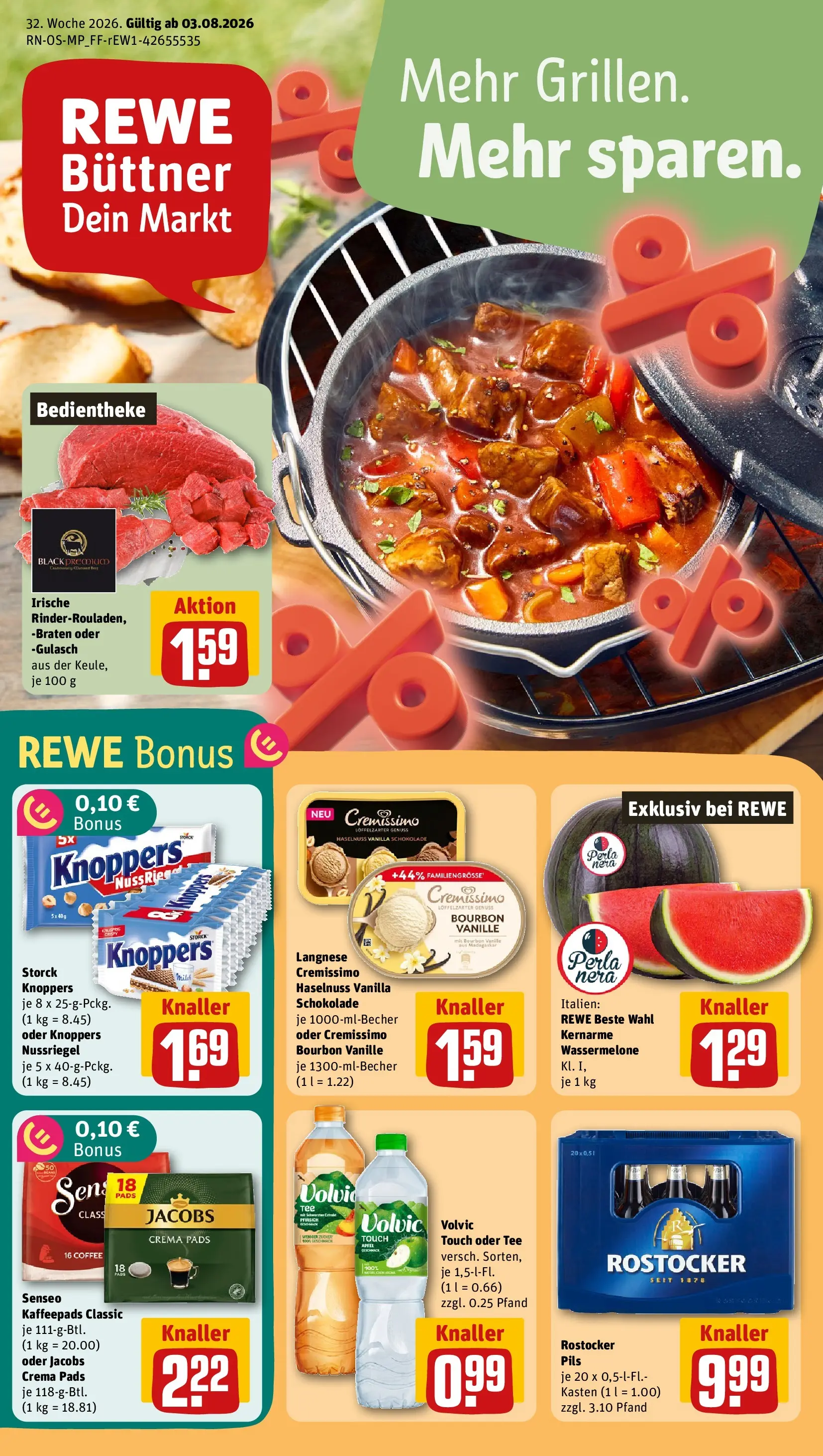 REWE Prospekt ab 03.08.2026 zum Blättern » Angebote | Seite: 1 | Produkte: Senseo, Kaffeepads, Schokolade, Wassermelone