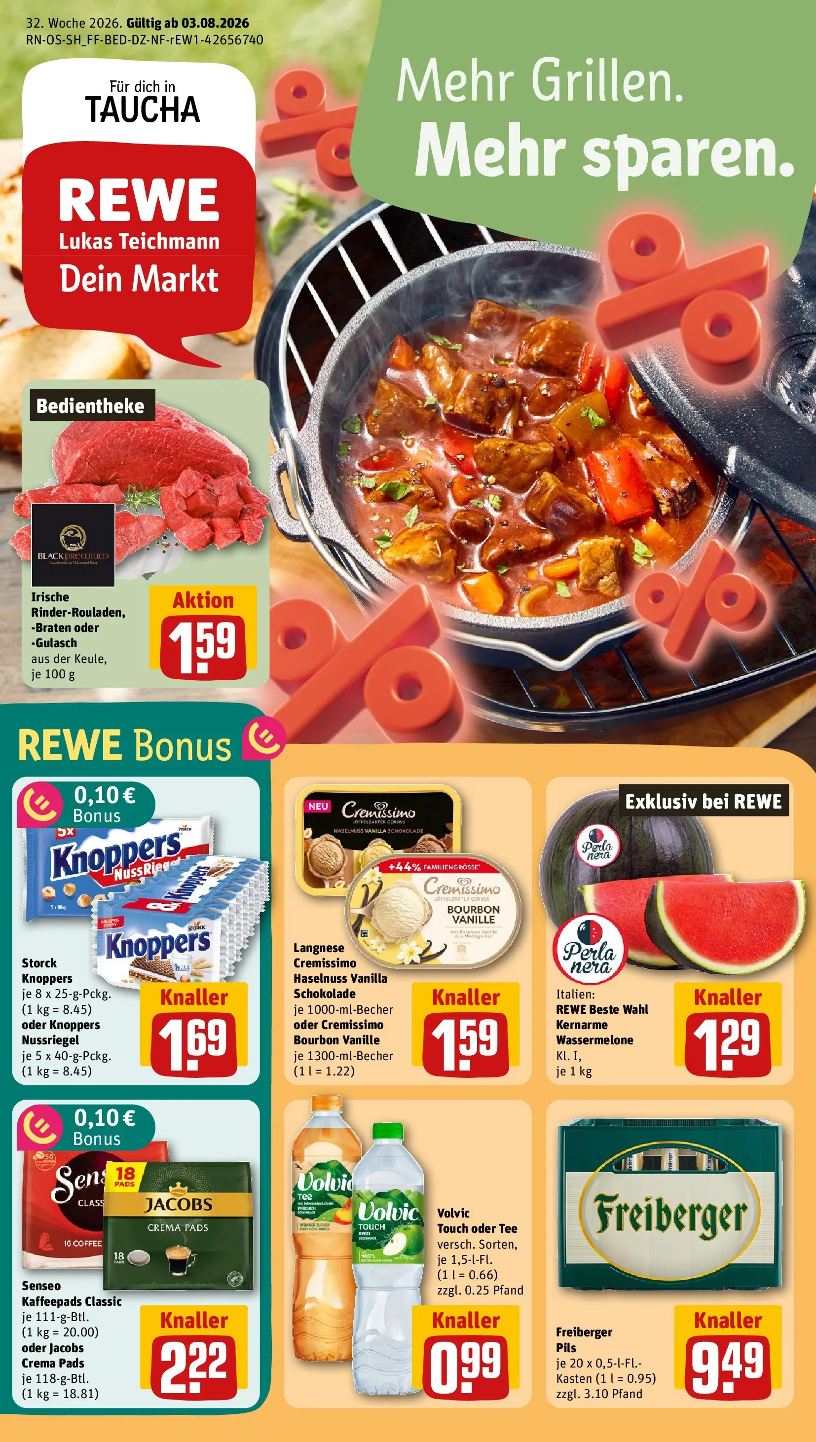 REWE Prospekt ab 03.08.2026 zum Blättern » Angebote | Seite: 1 | Produkte: Langnese, Cremissimo, Schokolade, Pils