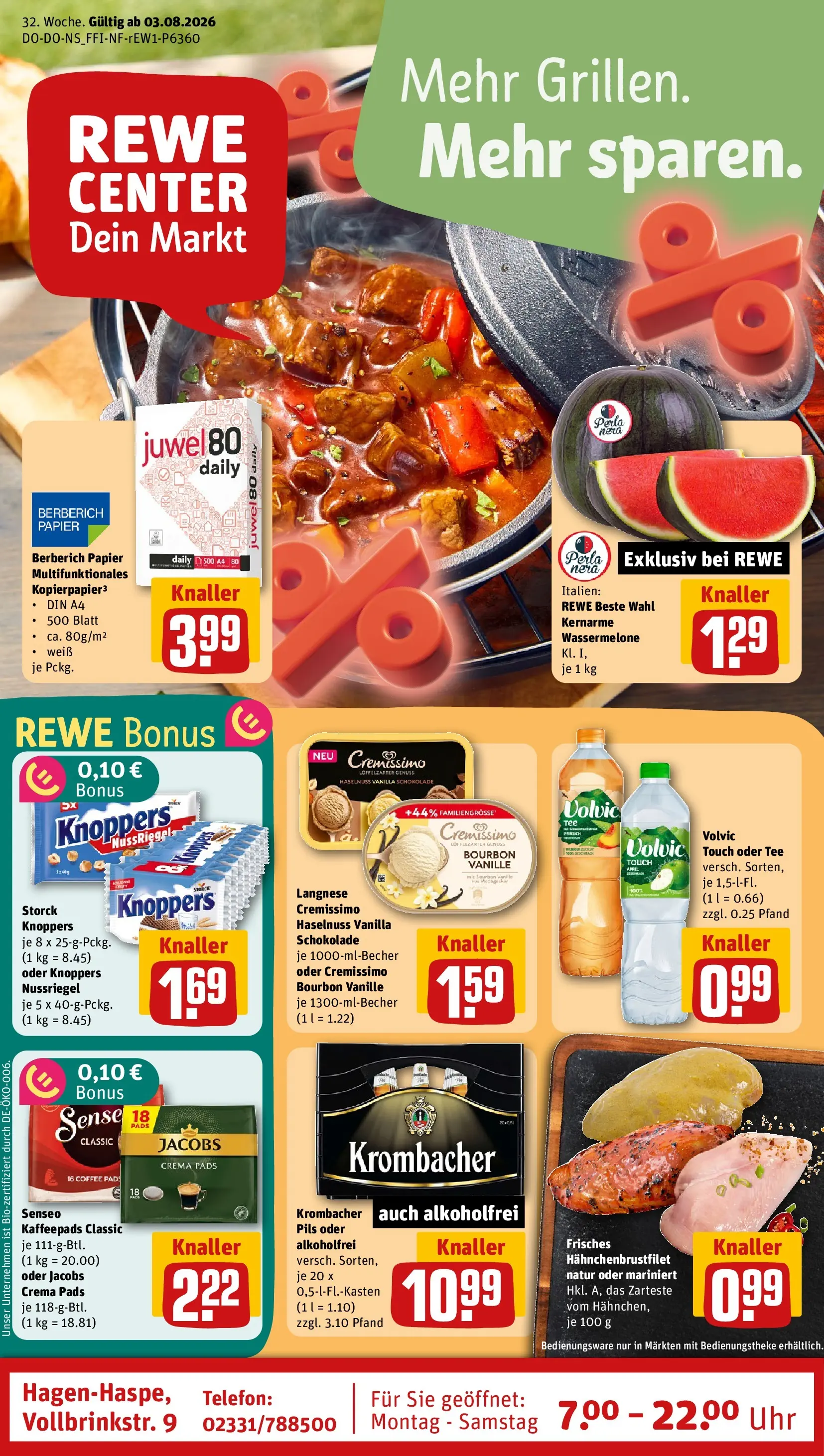 REWE Prospekt ab 03.08.2026 zum Blättern » Angebote | Seite: 1 | Produkte: Äpfel, Zucker, Krombacher, Telefon