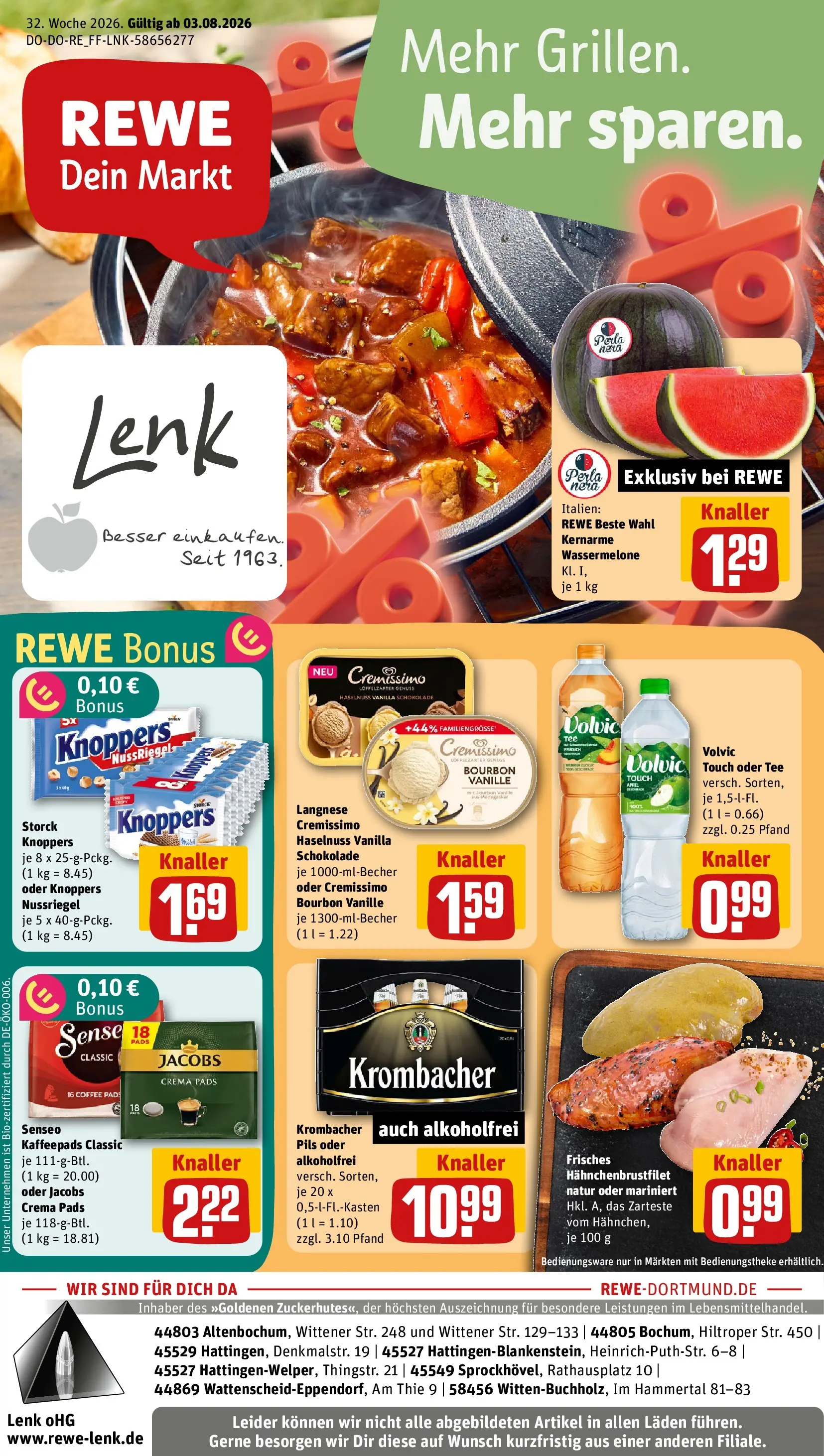 REWE Prospekt ab 03.08.2026 zum Blättern » Angebote | Seite: 1 | Produkte: Senseo, Langnese, Cremissimo, Äpfel