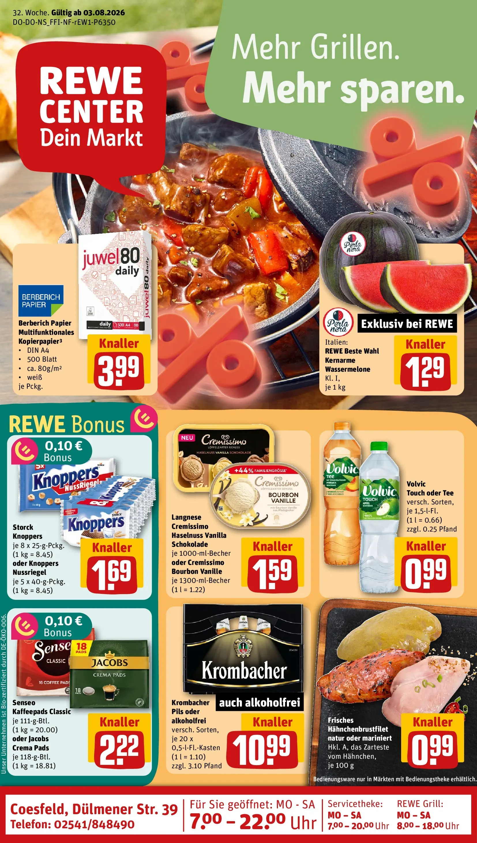 REWE Prospekt ab 03.08.2026 zum Blättern » Angebote | Seite: 1 | Produkte: Langnese, Wassermelone, Volvic, Telefon