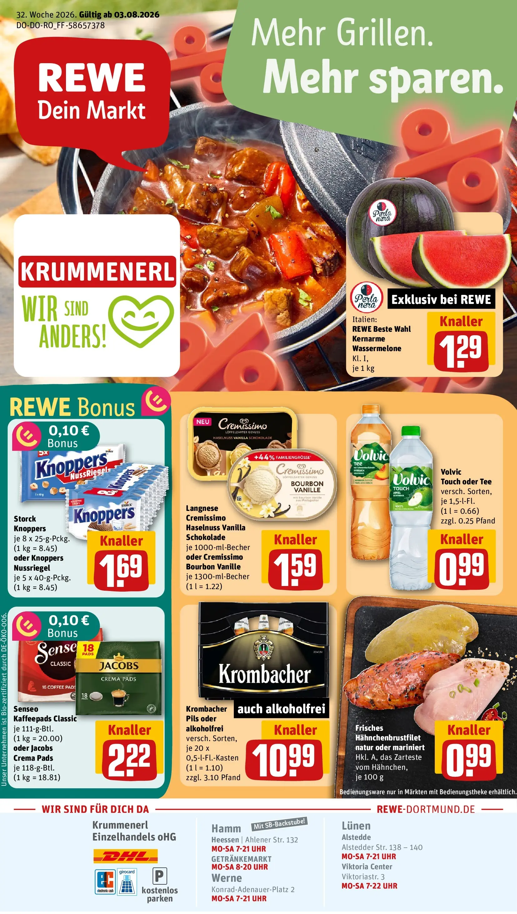REWE Prospekt ab 03.08.2026 zum Blättern » Angebote | Seite: 1 | Produkte: Langnese, Schokolade, Knoppers, Wassermelone