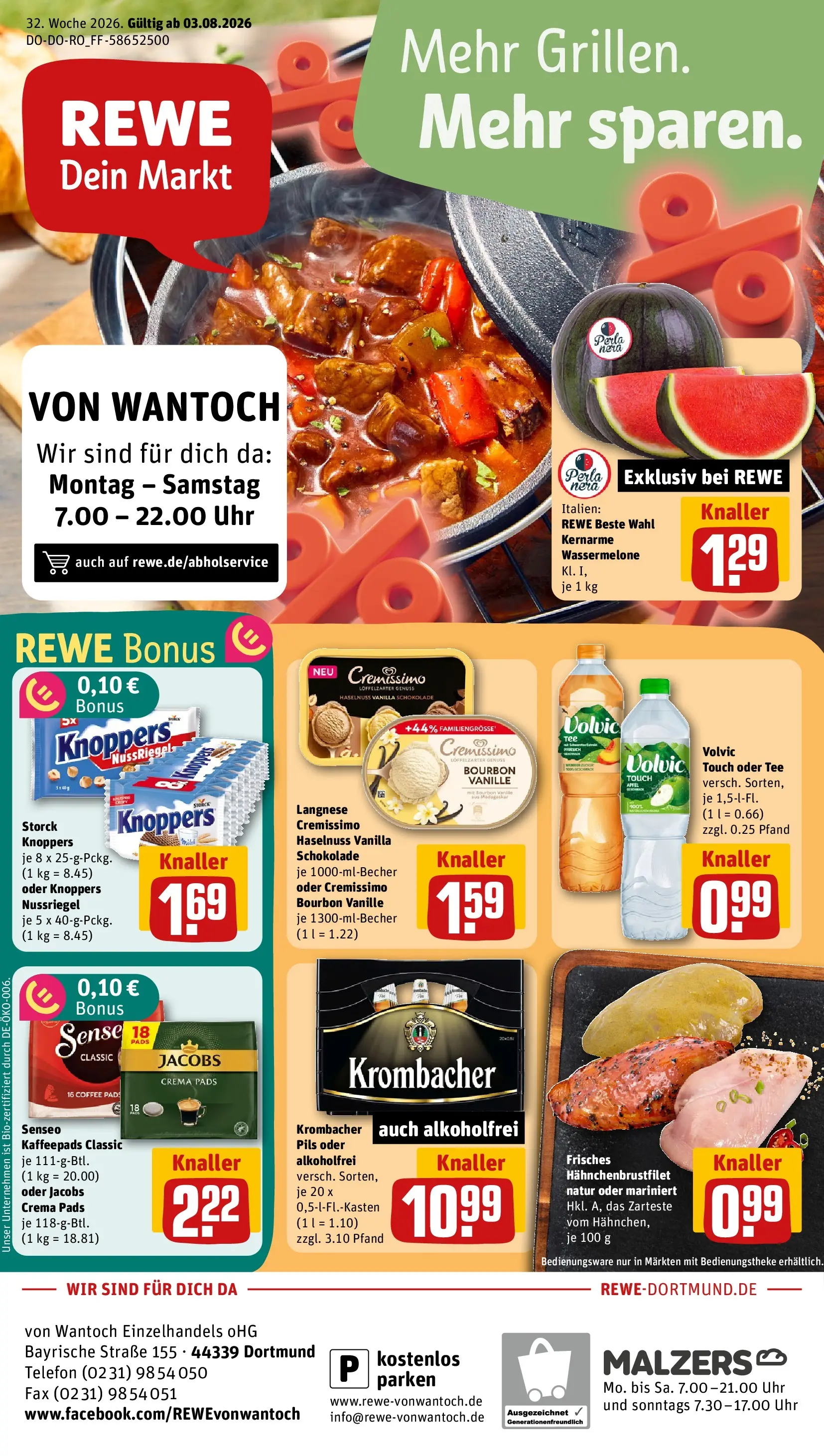 REWE Prospekt ab 03.08.2026 zum Blättern » Angebote | Seite: 1 | Produkte: Senseo, Krombacher, Bourbon, Uhr