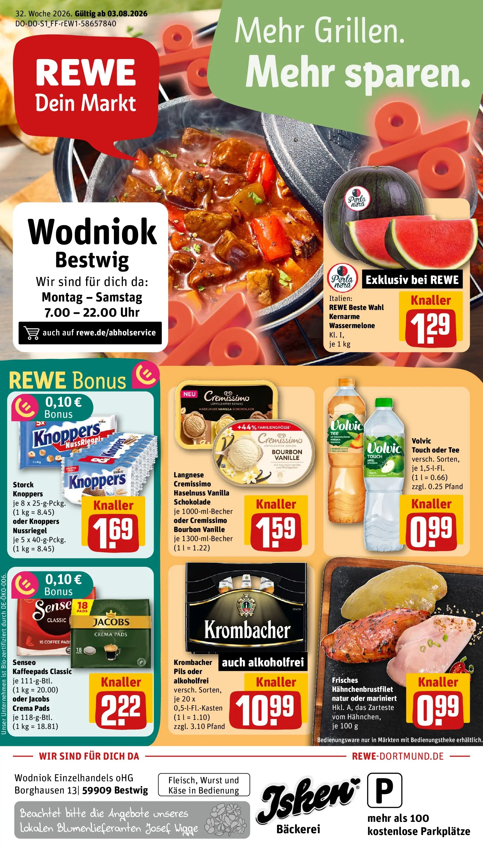 REWE Prospekt ab 03.08.2026 zum Blättern » Angebote | Seite: 1 | Produkte: Senseo, Langnese, Wassermelone, Krombacher