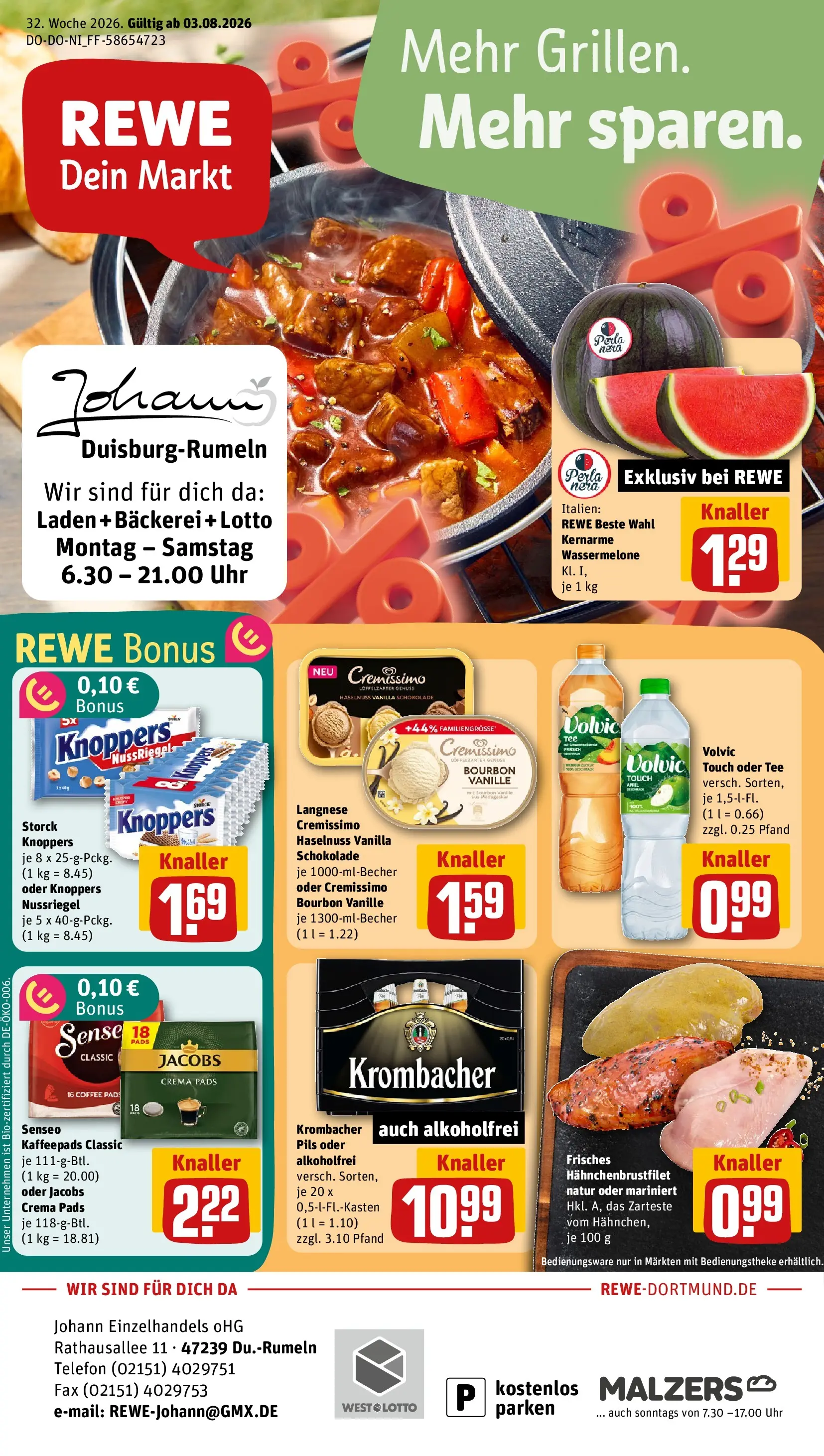 REWE Prospekt ab 03.08.2026 zum Blättern » Angebote | Seite: 1 | Produkte: Kaffeepads, Knoppers, Wassermelone, Uhr