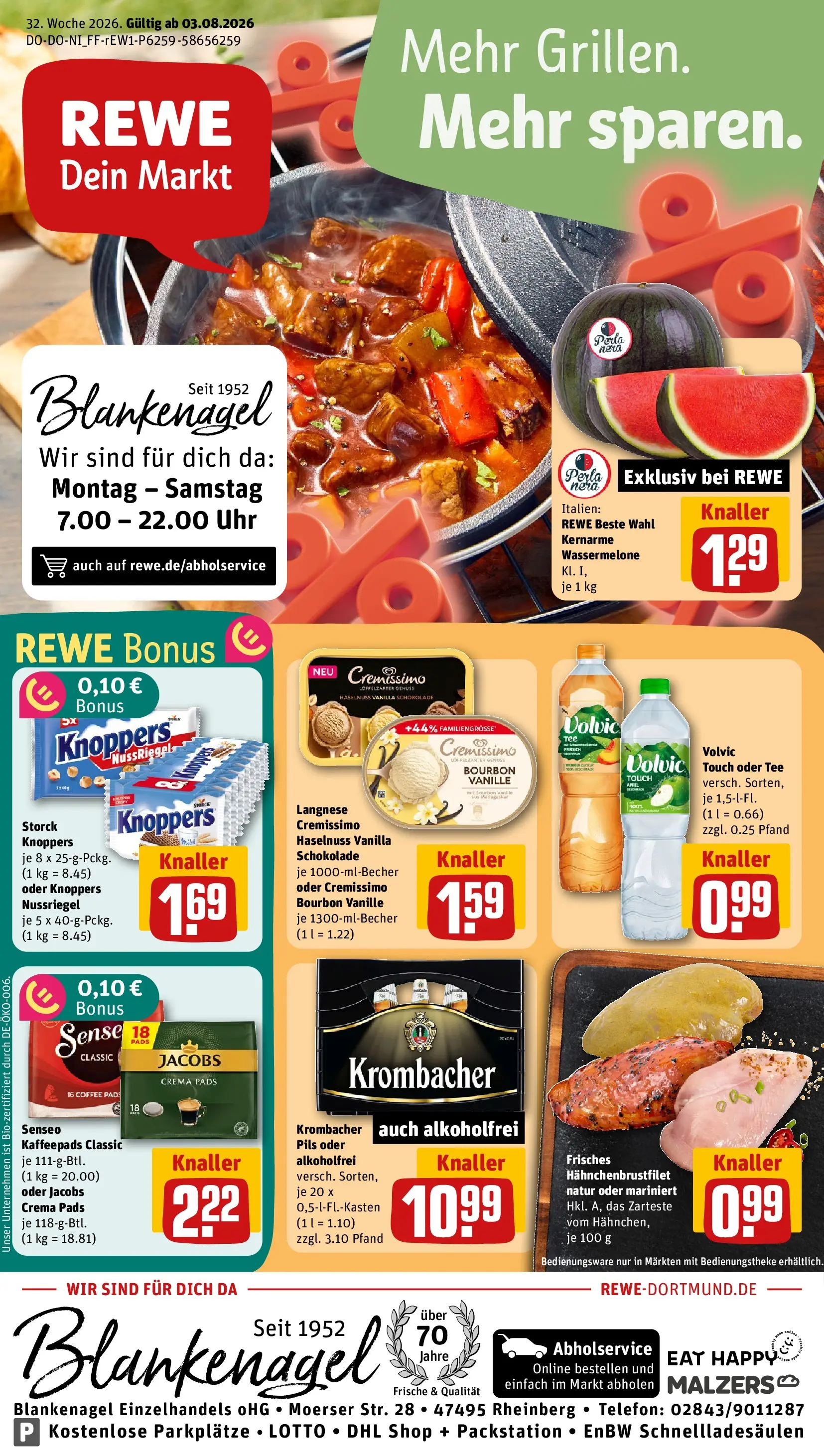 REWE Prospekt ab 03.08.2026 zum Blättern » Angebote | Seite: 3 | Produkte: Langnese, Pfirsich, Knoppers, Krombacher