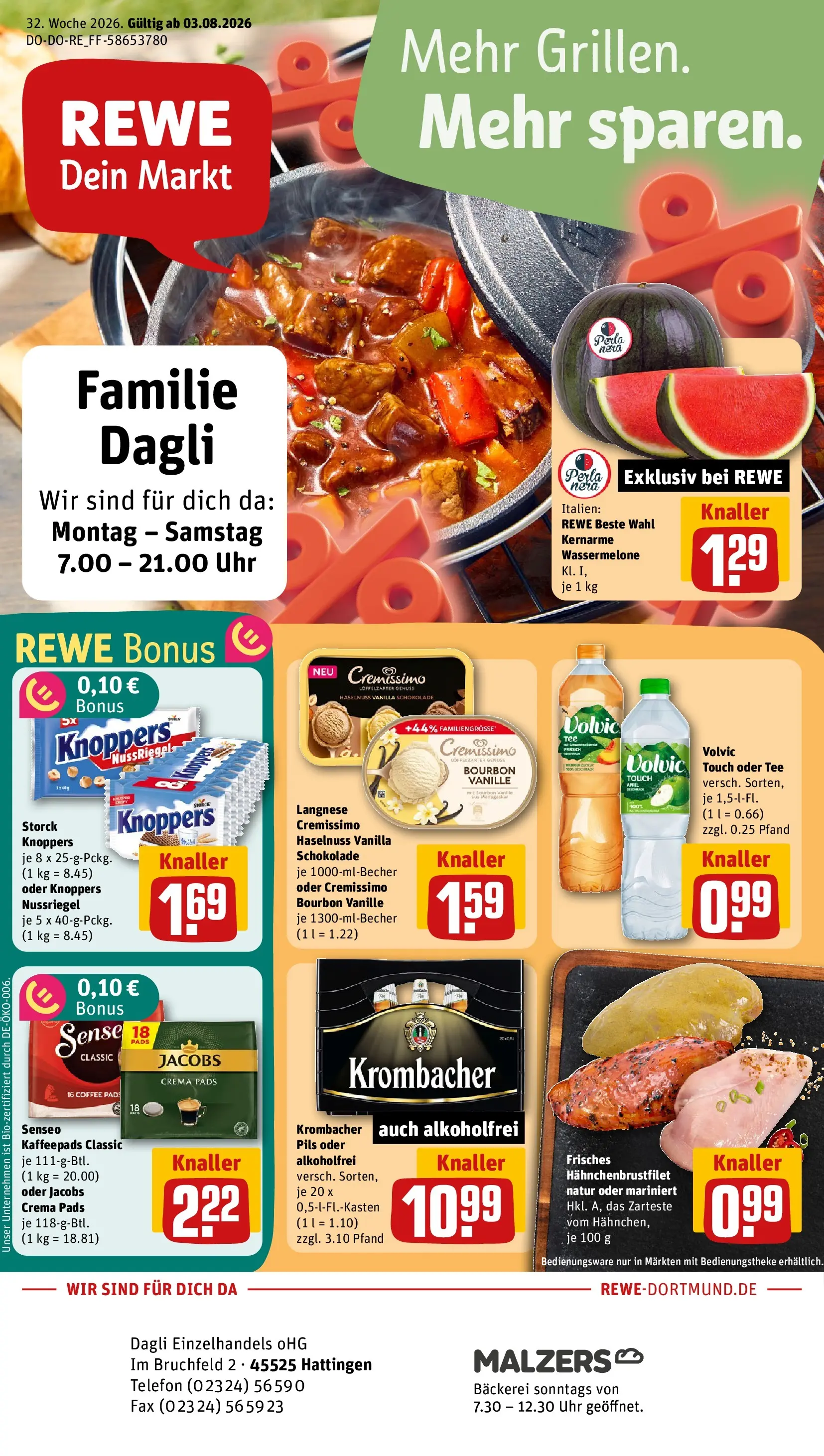 REWE Prospekt ab 03.08.2026 zum Blättern » Angebote | Seite: 3 | Produkte: Cremissimo, Knoppers, Krombacher, Uhr