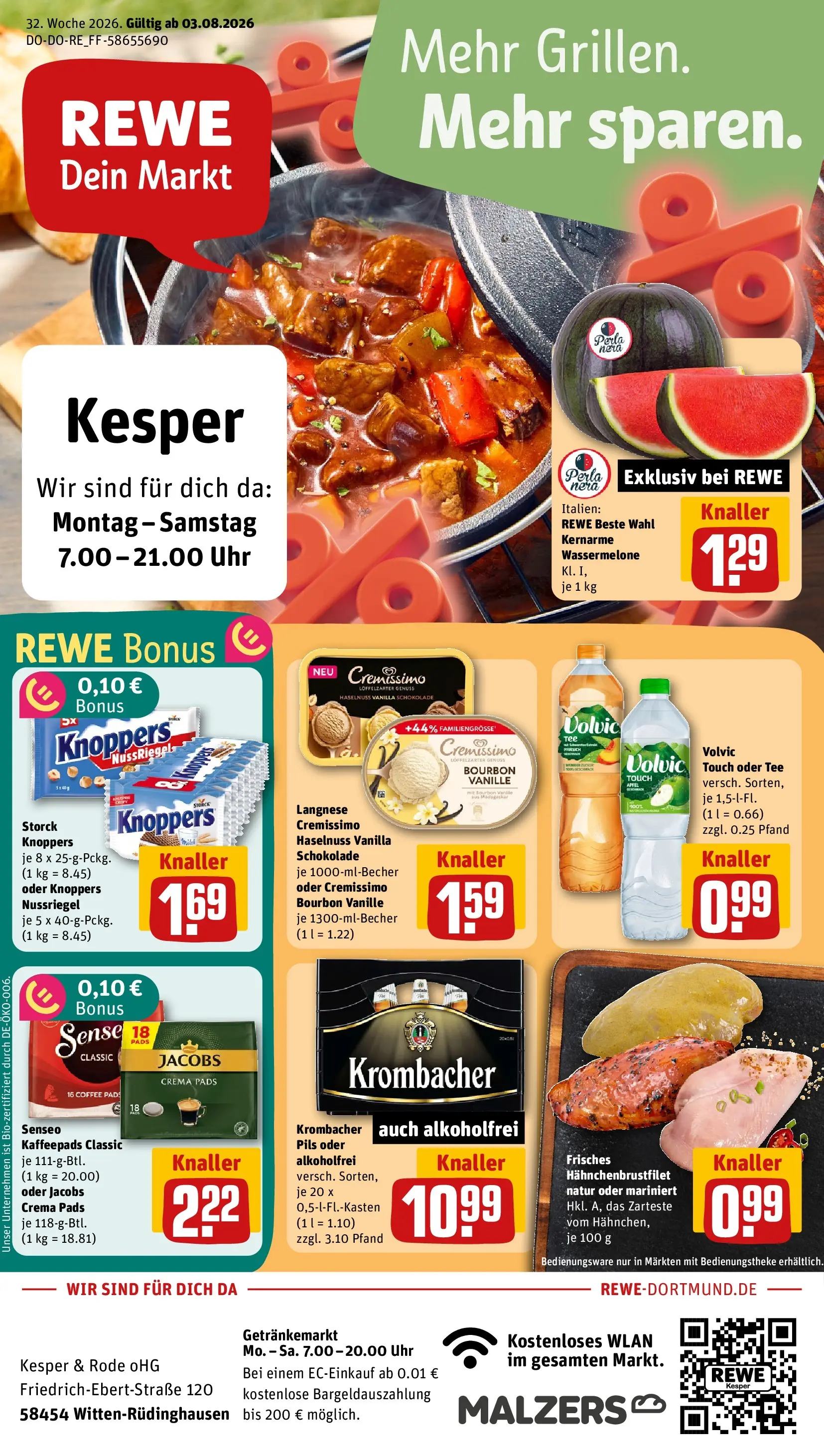 REWE Prospekt ab 03.08.2026 zum Blättern » Angebote | Seite: 1 | Produkte: Langnese, Cremissimo, Volvic, Uhr