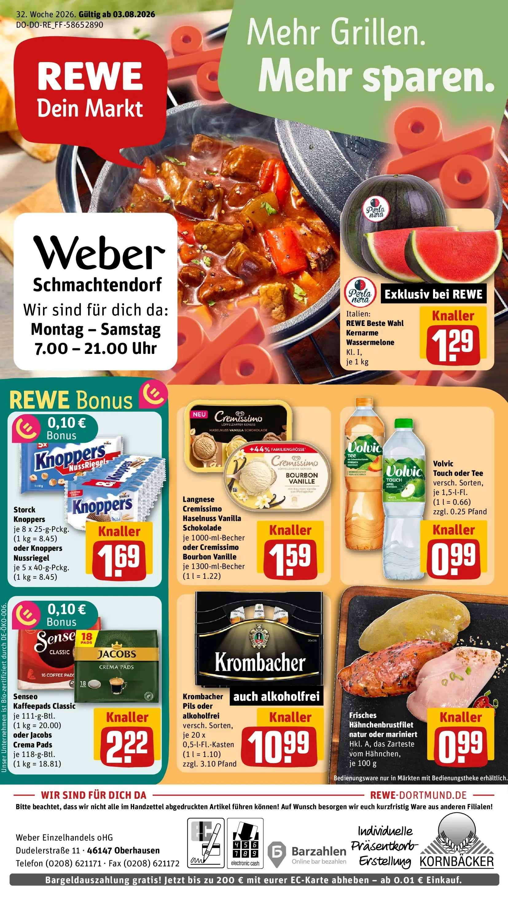 REWE Prospekt ab 03.08.2026 zum Blättern » Angebote | Seite: 1 | Produkte: Senseo, Langnese, Pils, Wassermelone