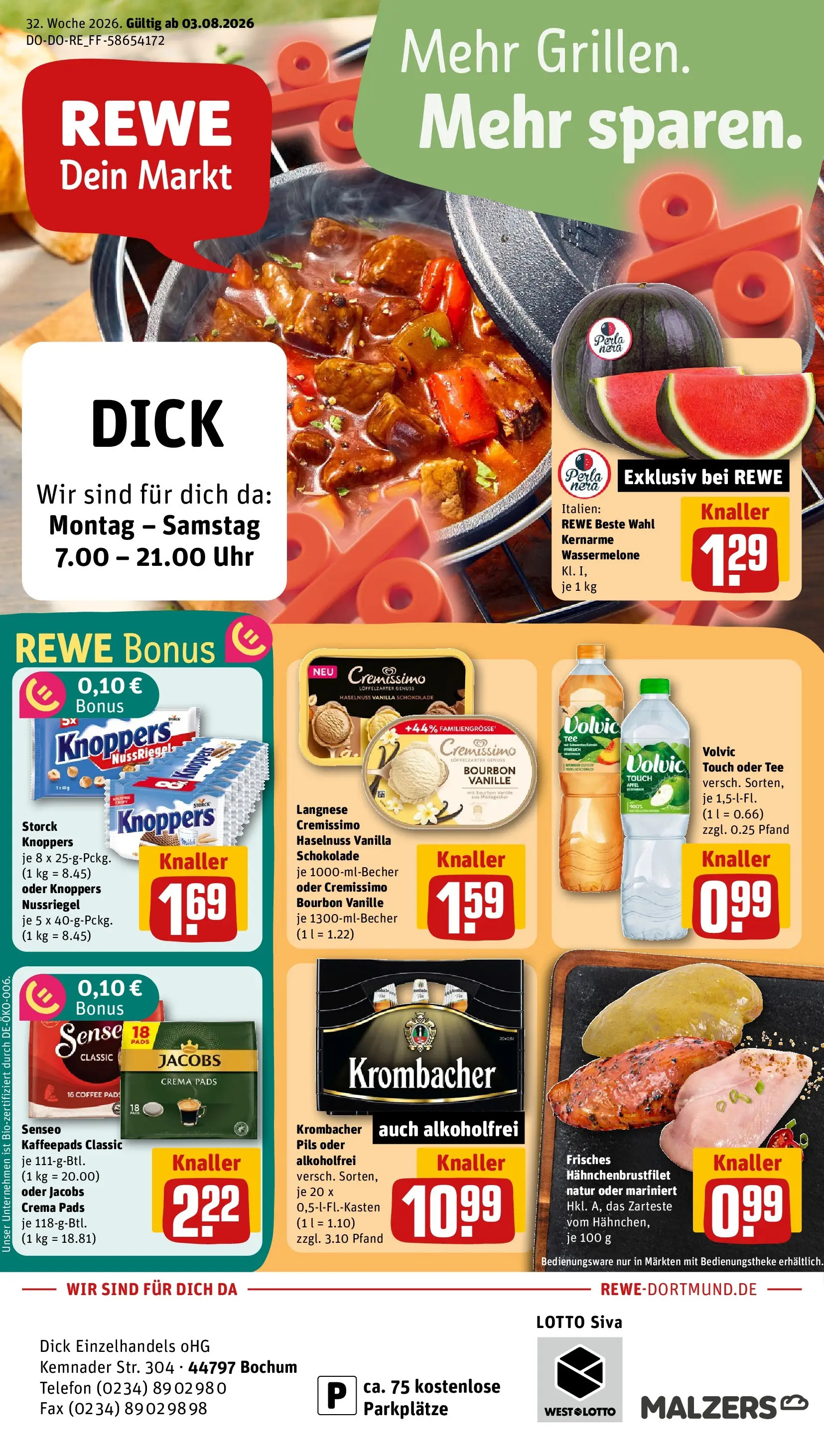 REWE Prospekt ab 03.08.2026 zum Blättern » Angebote | Seite: 1 | Produkte: Wassermelone, Krombacher, Bourbon, Volvic