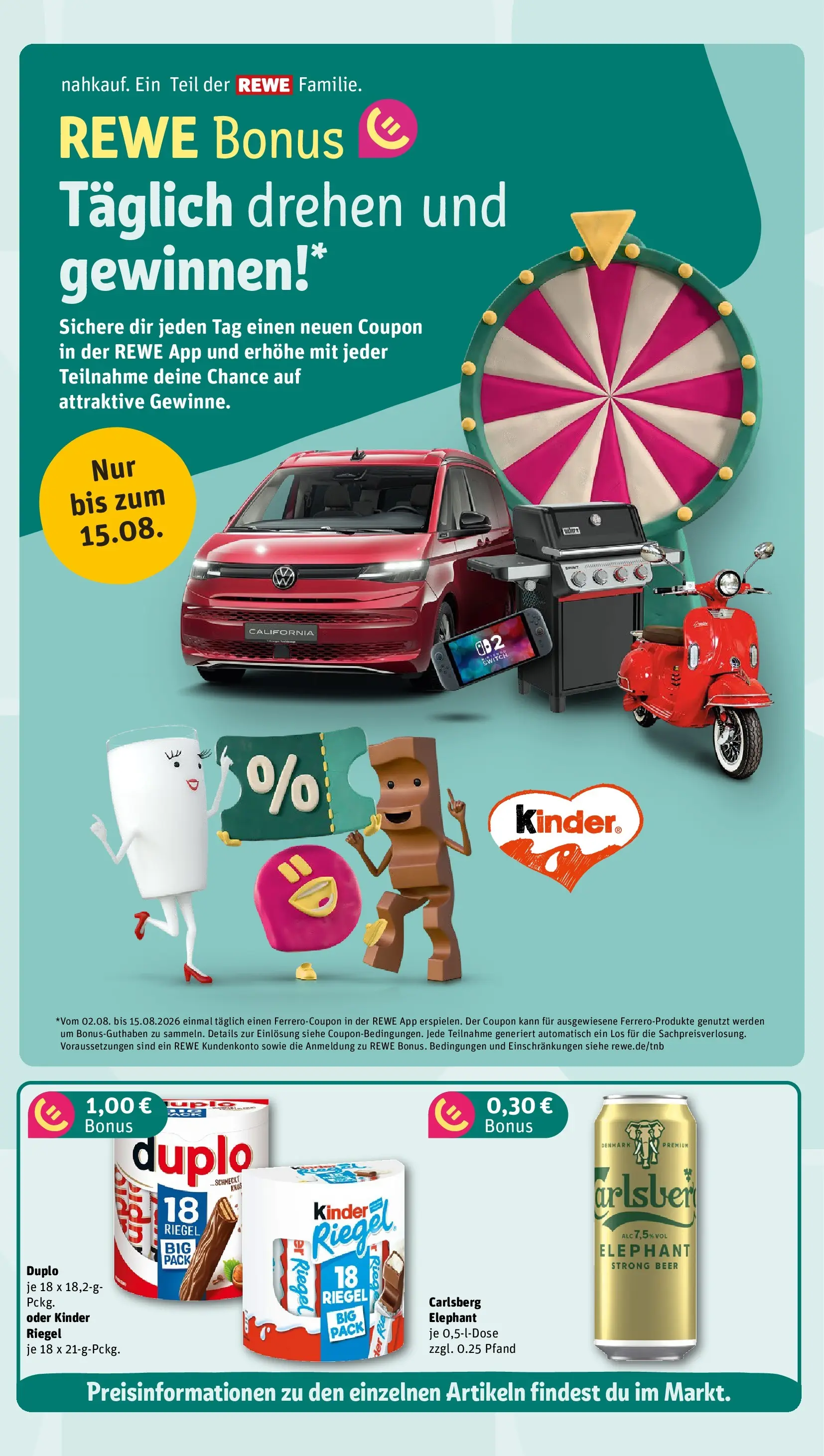 REWE Prospekt ab 03.08.2026 zum Blättern » Angebote | Seite: 4 | Produkte: Carlsberg, Kinder riegel