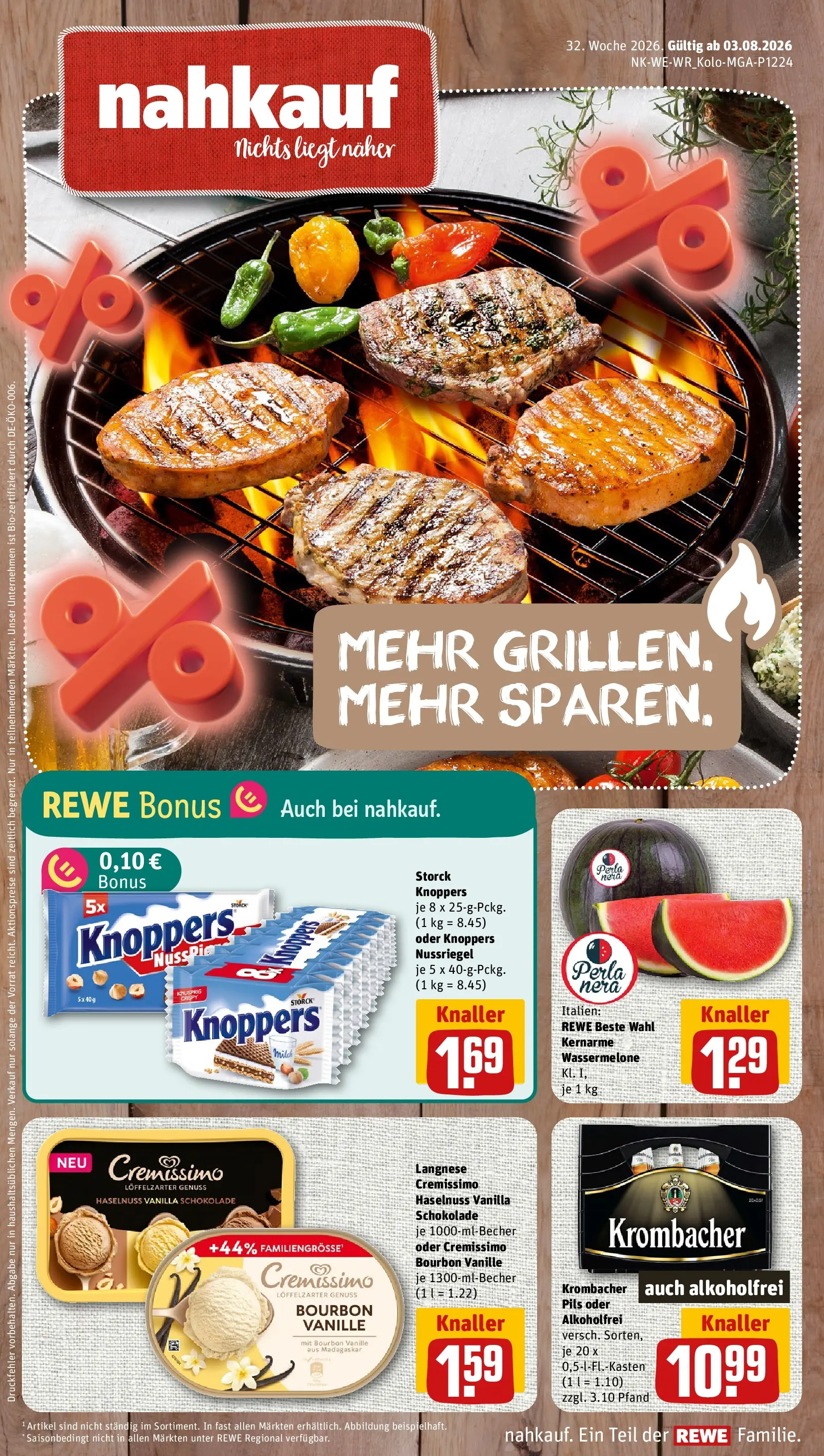 REWE Prospekt ab 03.08.2026 zum Blättern » Angebote | Seite: 1 | Produkte: Cremissimo, Pils, Knoppers, Wassermelone