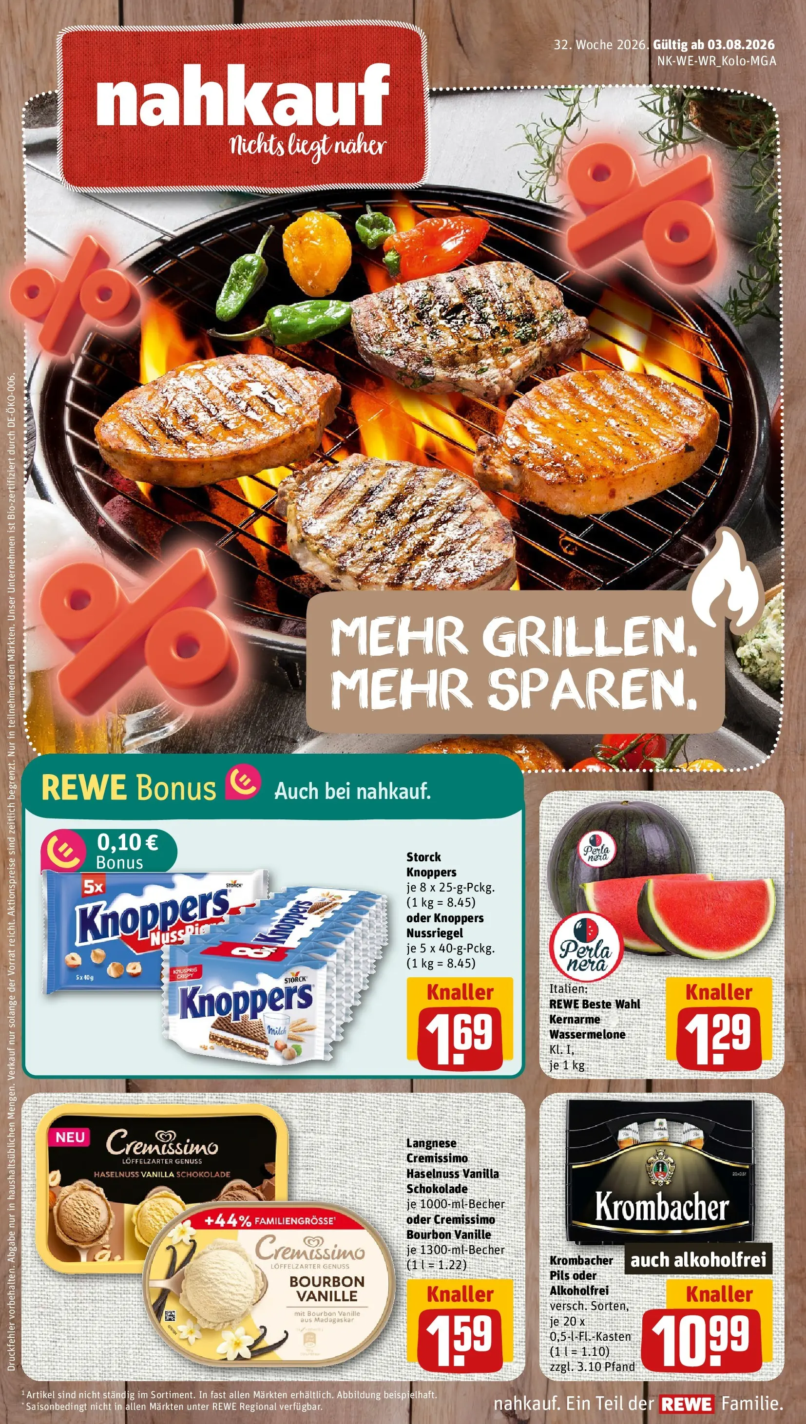 REWE Prospekt ab 03.08.2026 zum Blättern » Angebote | Seite: 1 | Produkte: Schokolade, Pils, Knoppers, Wassermelone