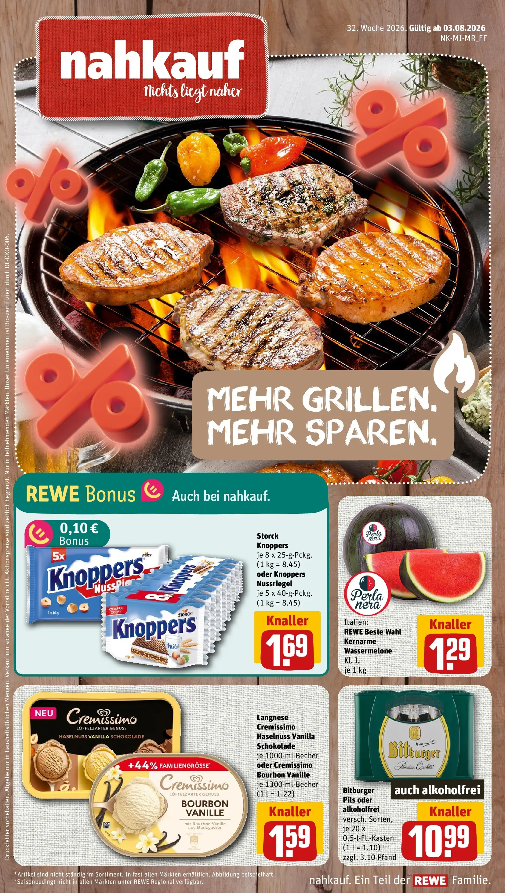 REWE Prospekt ab 03.08.2026 zum Blättern » Angebote | Seite: 1 | Produkte: Langnese, Milch, Knoppers, Wassermelone