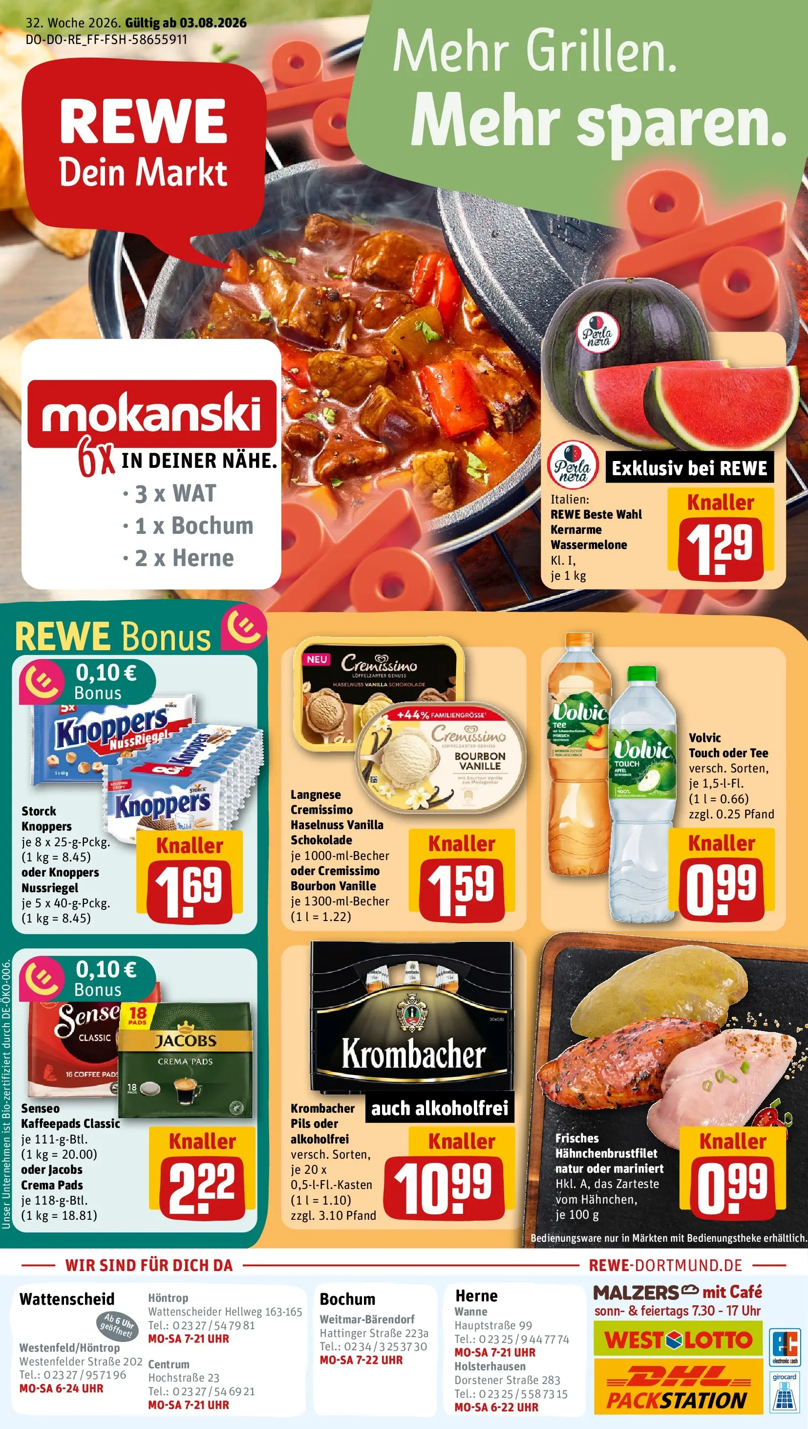 REWE Prospekt ab 03.08.2026 zum Blättern » Angebote | Seite: 1 | Produkte: Senseo, Kaffeepads, Cremissimo, Krombacher