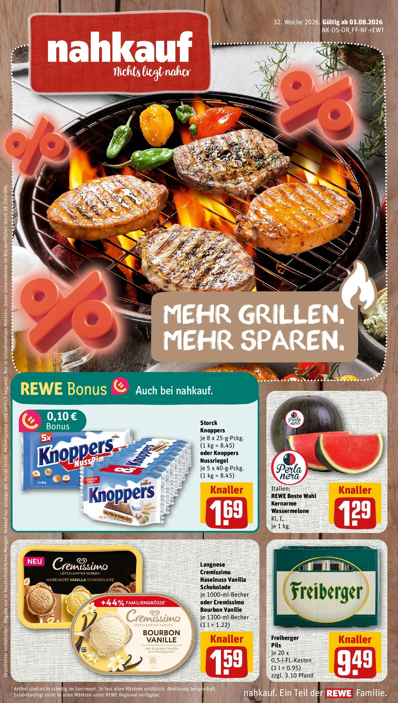 REWE Prospekt ab 03.08.2026 zum Blättern » Angebote | Seite: 1 | Produkte: Langnese, Milch, Knoppers, Wassermelone