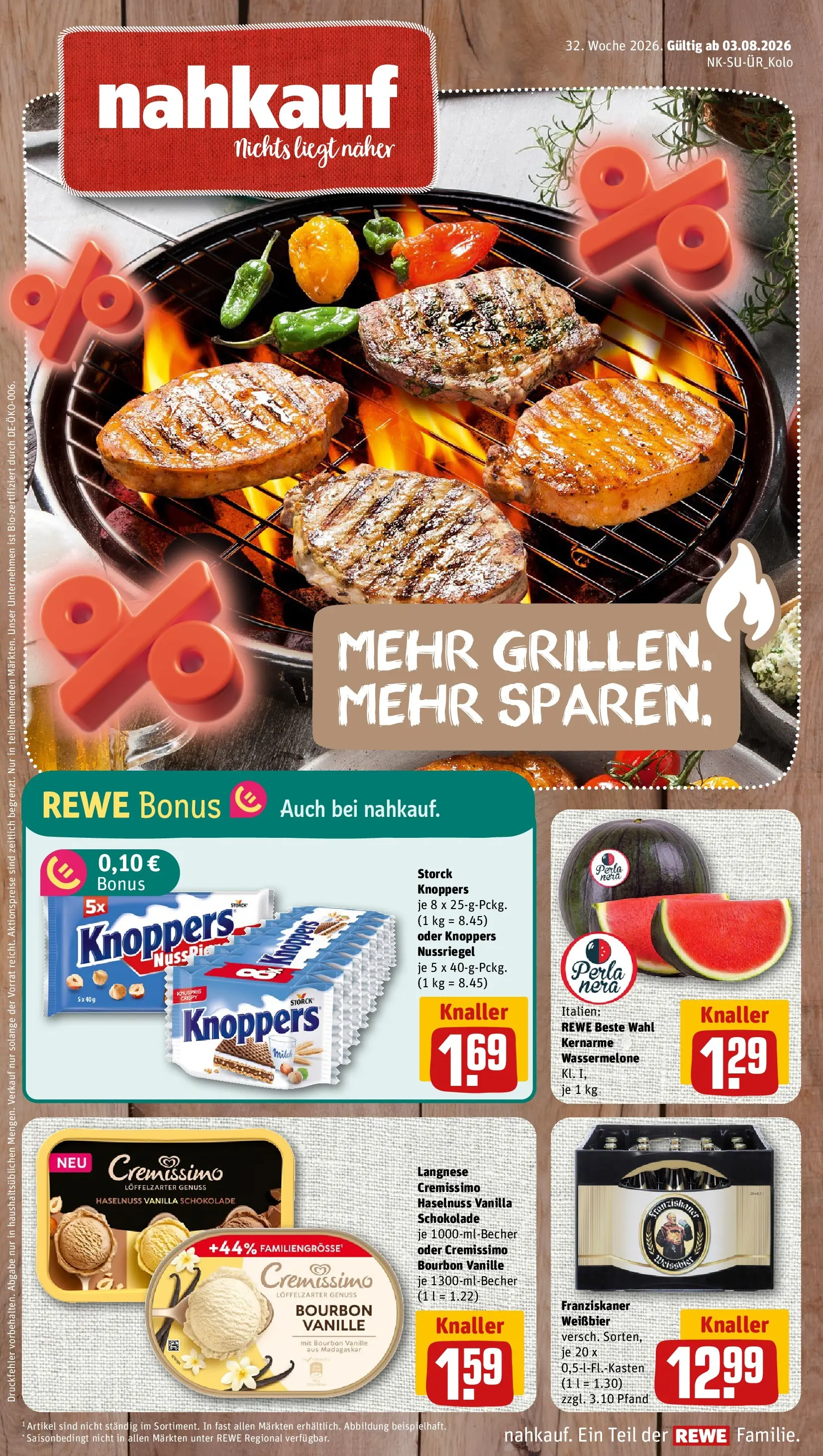 REWE Prospekt ab 03.08.2026 zum Blättern » Angebote | Seite: 1 | Produkte: Cremissimo, Schokolade, Weißbier, Wassermelone