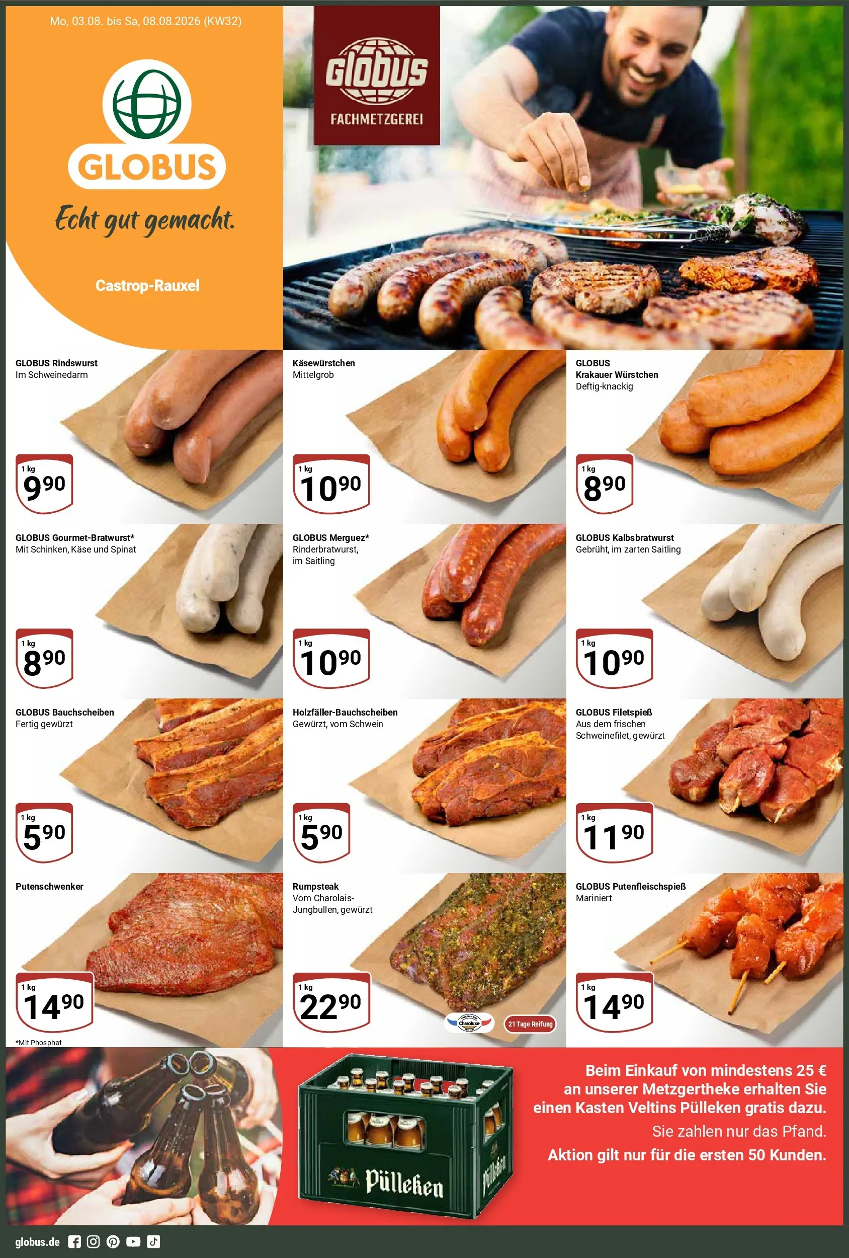 Globus Prospekt Castrop-Rauxel (ab 03.08.2026) » Angebote online | Seite: 1 | Produkte: Rumpsteak, Käse, Veltins pulleken, Veltins