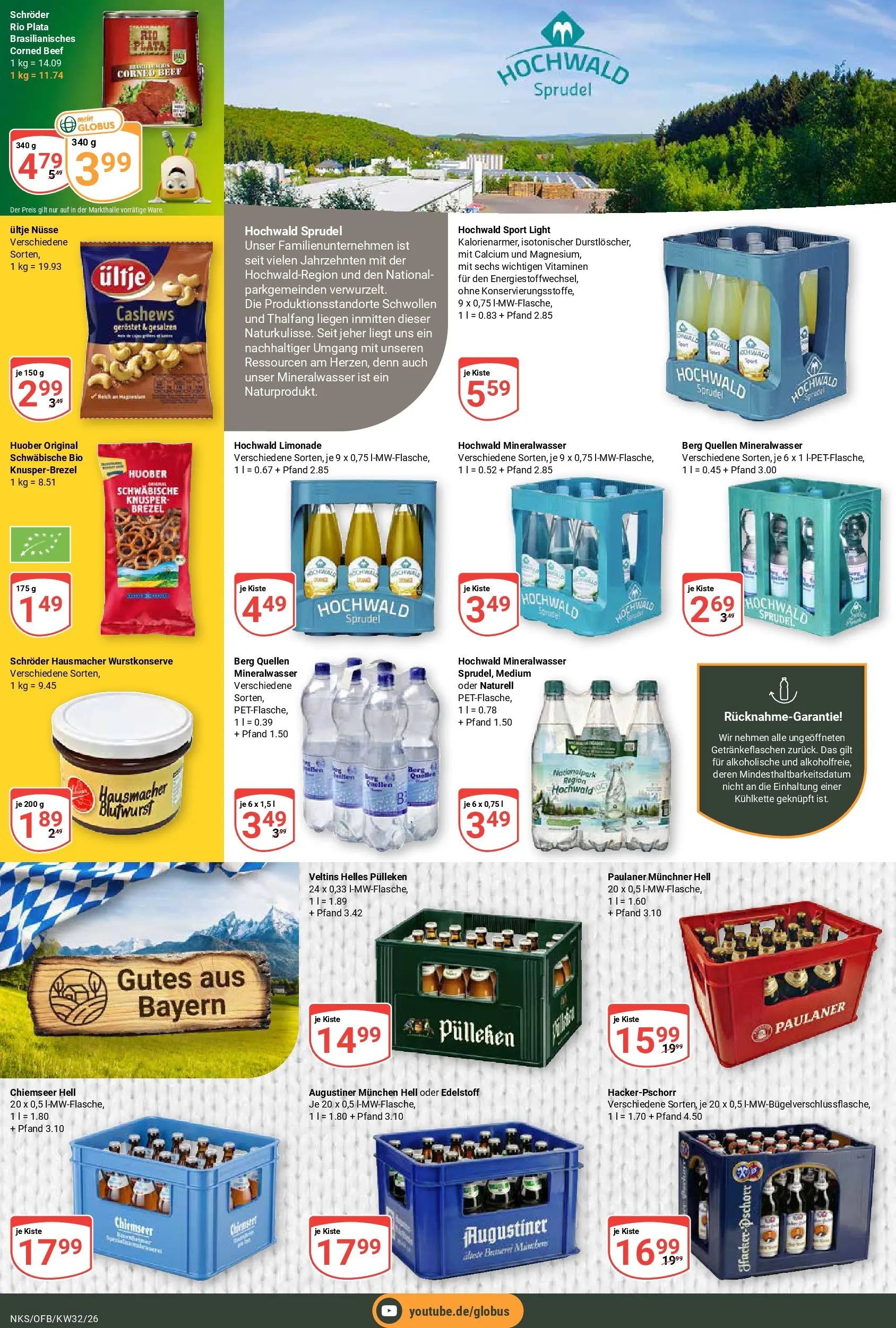 Globus Prospekt Neunkirchen (ab 03.08.2026) » Angebote online | Seite: 21 | Produkte: Helles pulleken, Mineralwasser, Nüsse, Paulaner