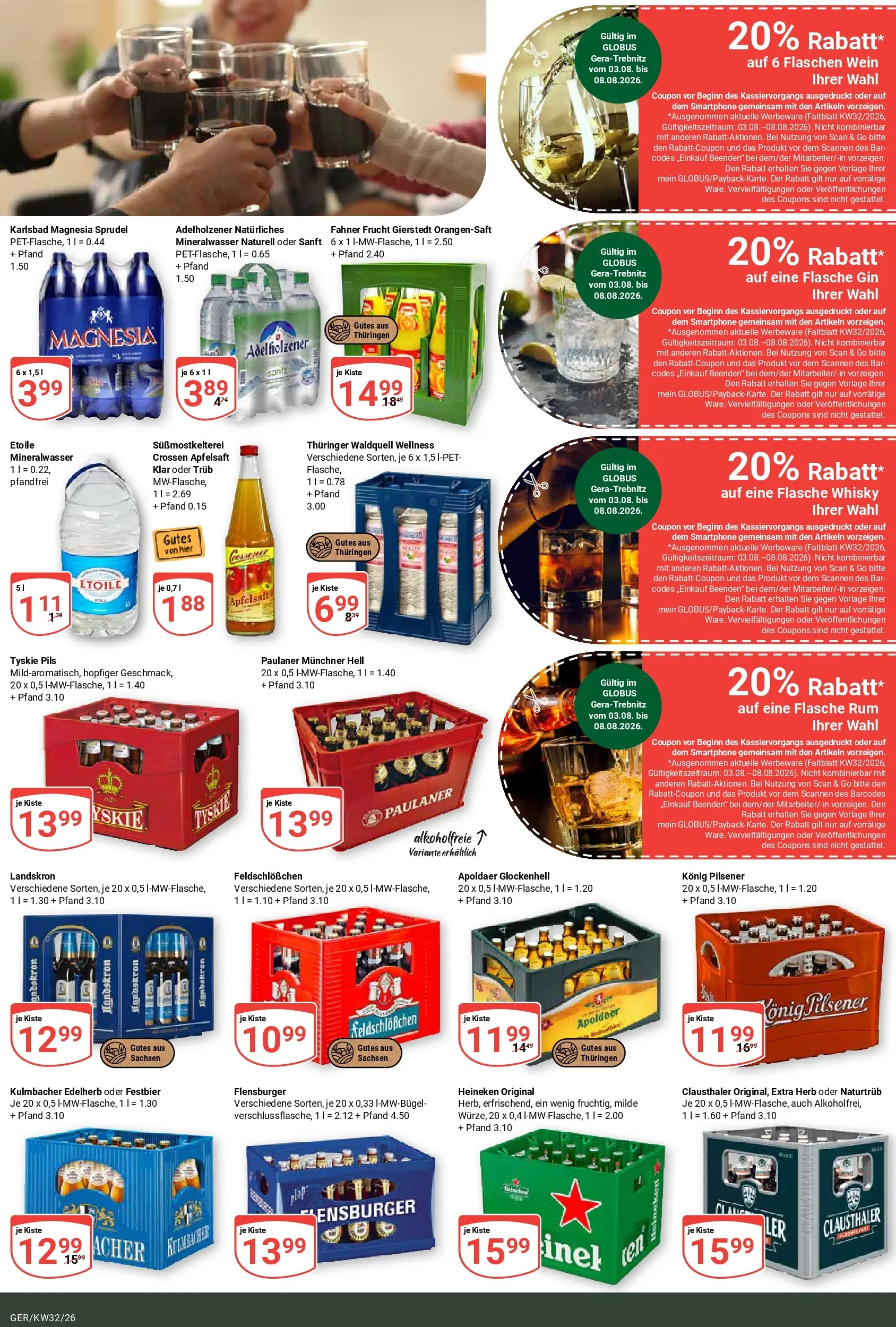 Globus Prospekt Gera (ab 03.08.2026) » Angebote online | Seite: 20 | Produkte: Konig pilsener, Apfelsaft, Mineralwasser, Flensburger
