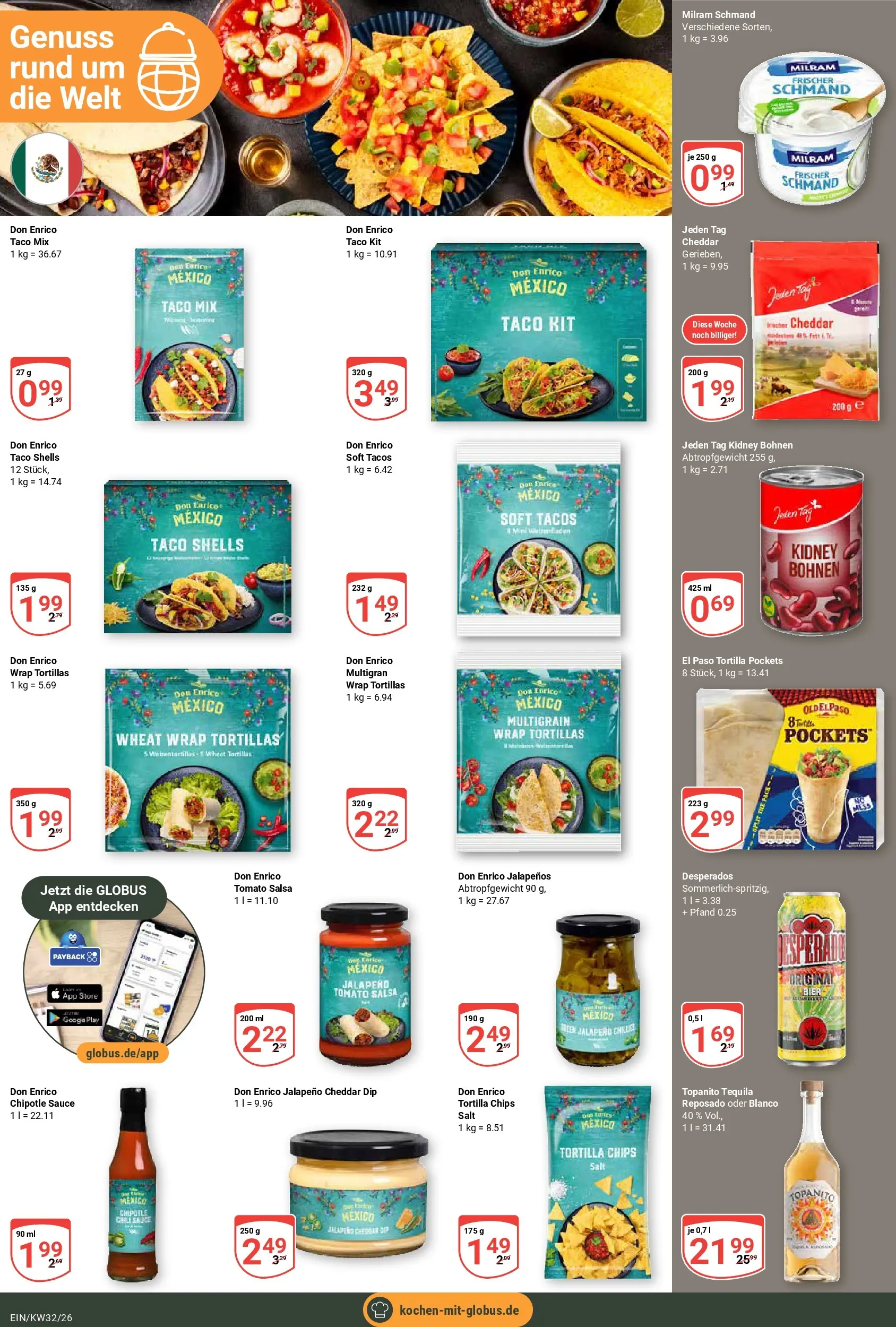 Globus Prospekt Homburg-Einöd (ab 03.08.2026) » Angebote online | Seite: 20 | Produkte: Tequila, Milram, Chili, Desperados