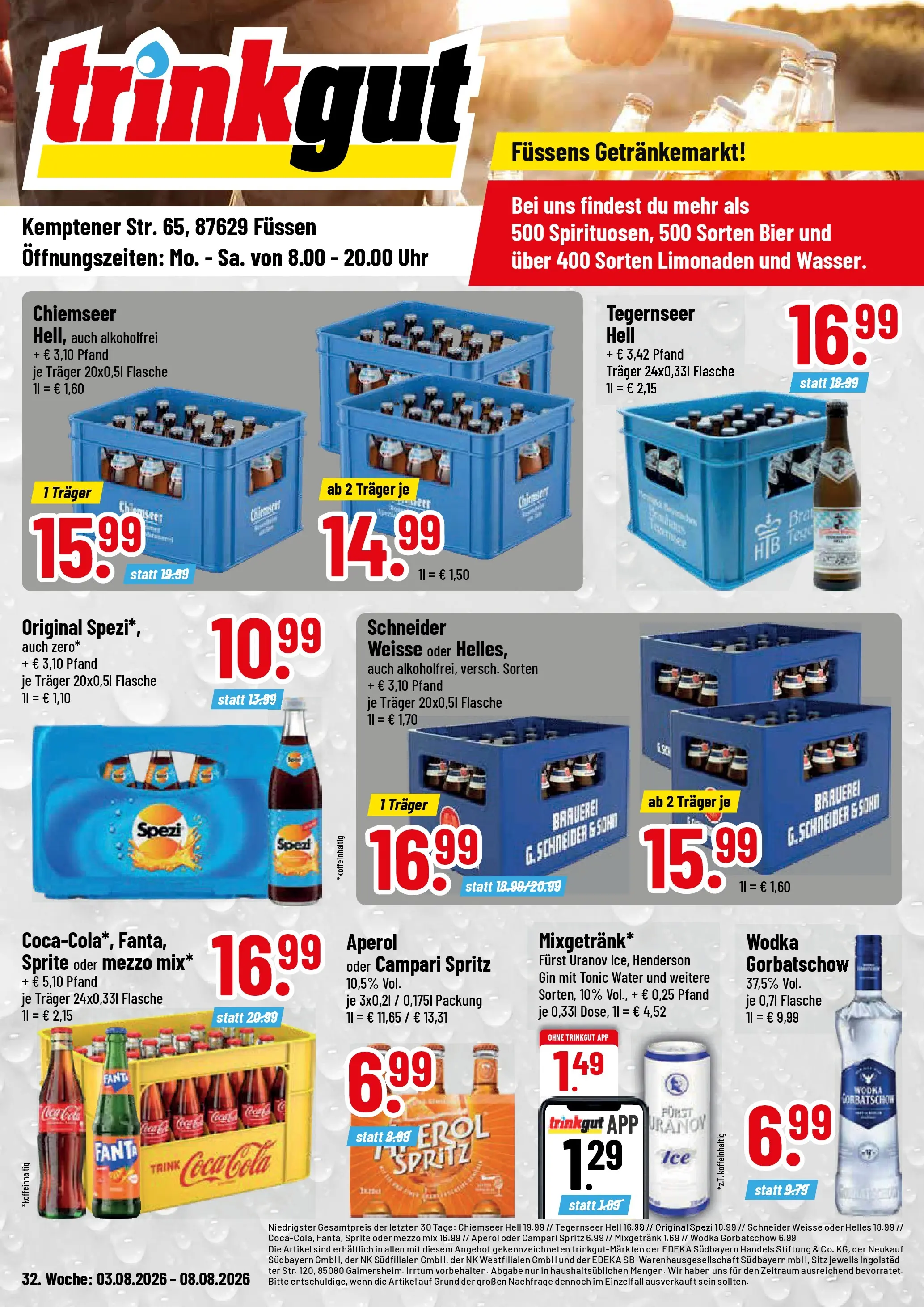 Trinkgut Prospekt Füssen (ab 03.08.2026) » Angebote online | Seite: 1 | Produkte: Campari, Wodka gorbatschow, Wodka, Uhr