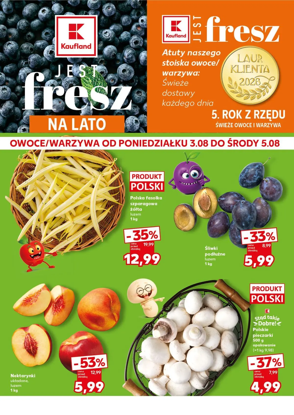 Kaufland - Kaufland Mocny Start ważne do 5.08 od 02.08.2026 - od jutra PDF | Strona: 2 | Produkty: Pieczarki, Fasolka szparagowa, Warzywa, Owoce