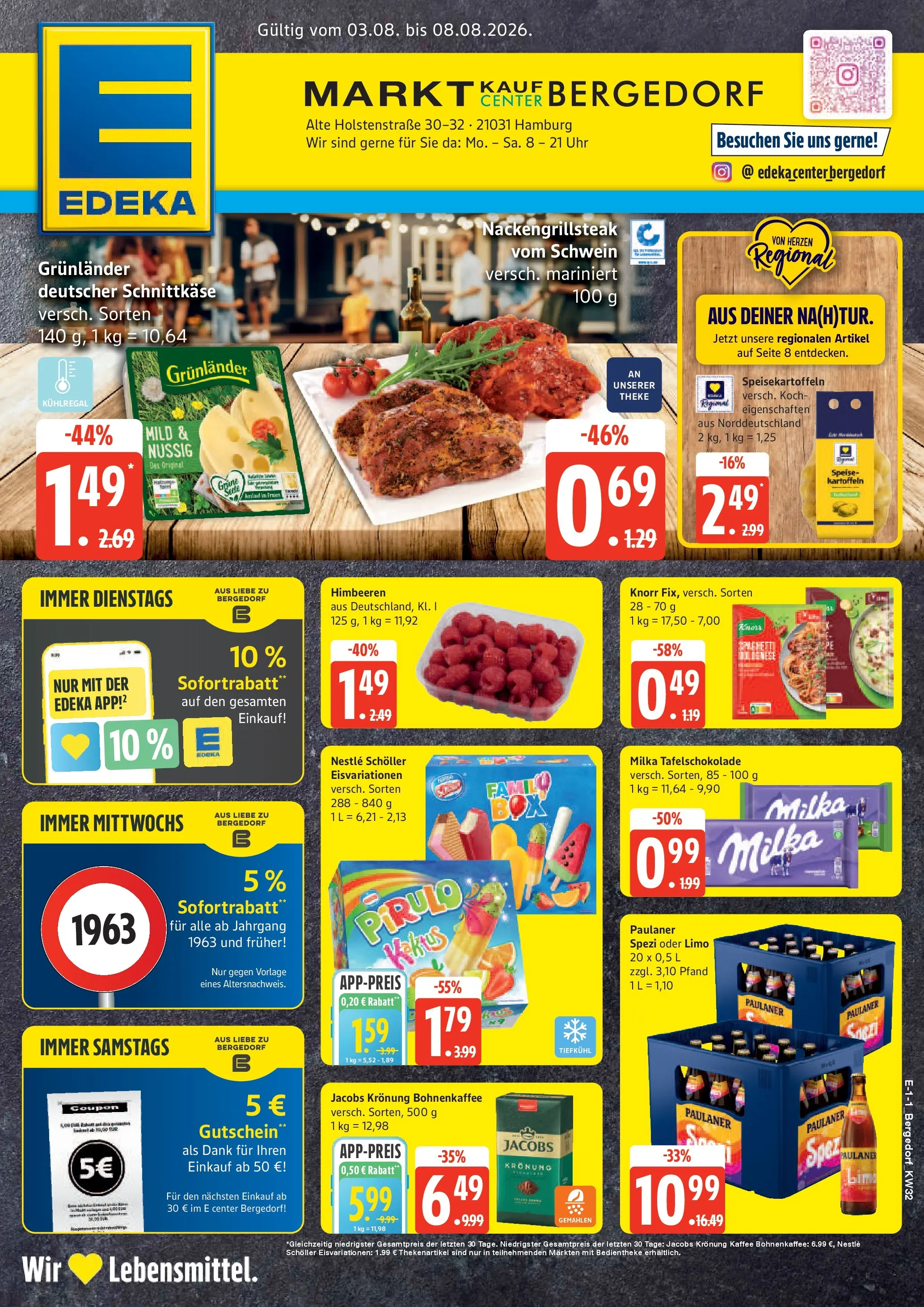 Marktkauf Prospekt Hamburg (ab 03.08.2026) » Angebote online | Seite: 1 | Produkte: Himbeeren, Theke, Kartoffeln, Uhr