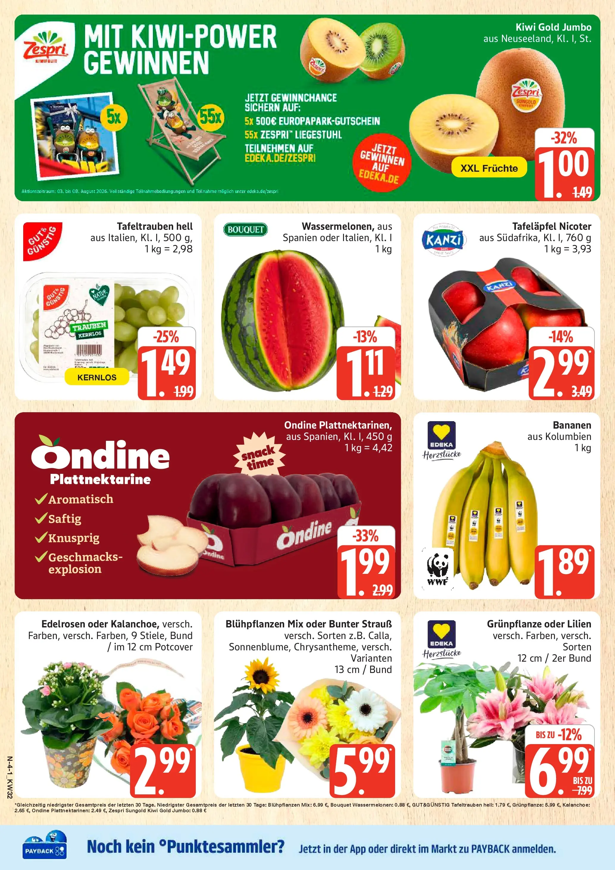 Edeka Prospekt Rostock (ab 03.08.2026) » Angebote Online | Seite: 4 | Produkte: Liegestuhl, Trauben, Bananen, Kiwi