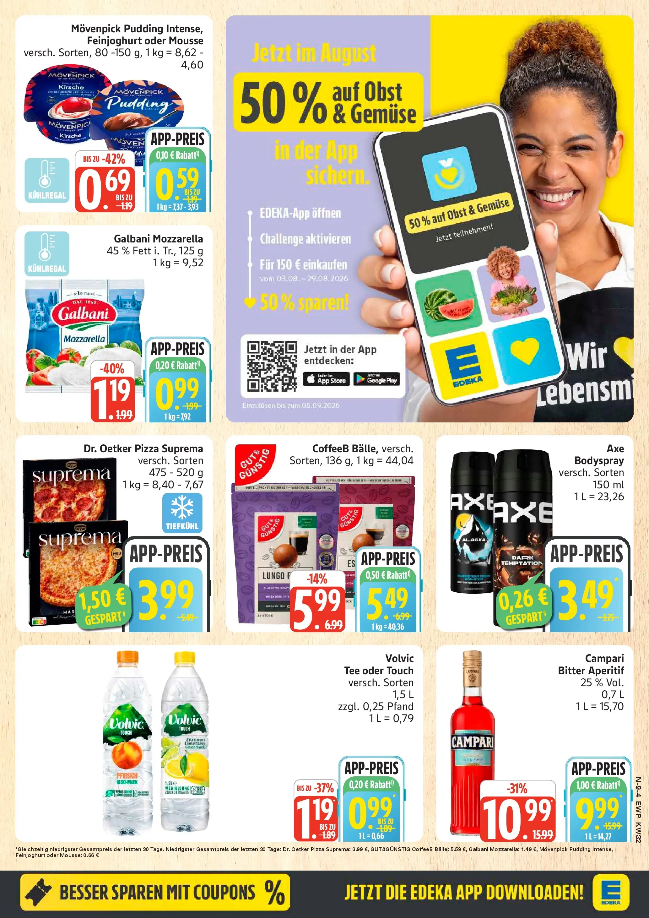 Edeka Prospekt Rostock (ab 03.08.2026) » Angebote Online | Seite: 9 | Produkte: Campari, Pfirsich, Pizza, Volvic
