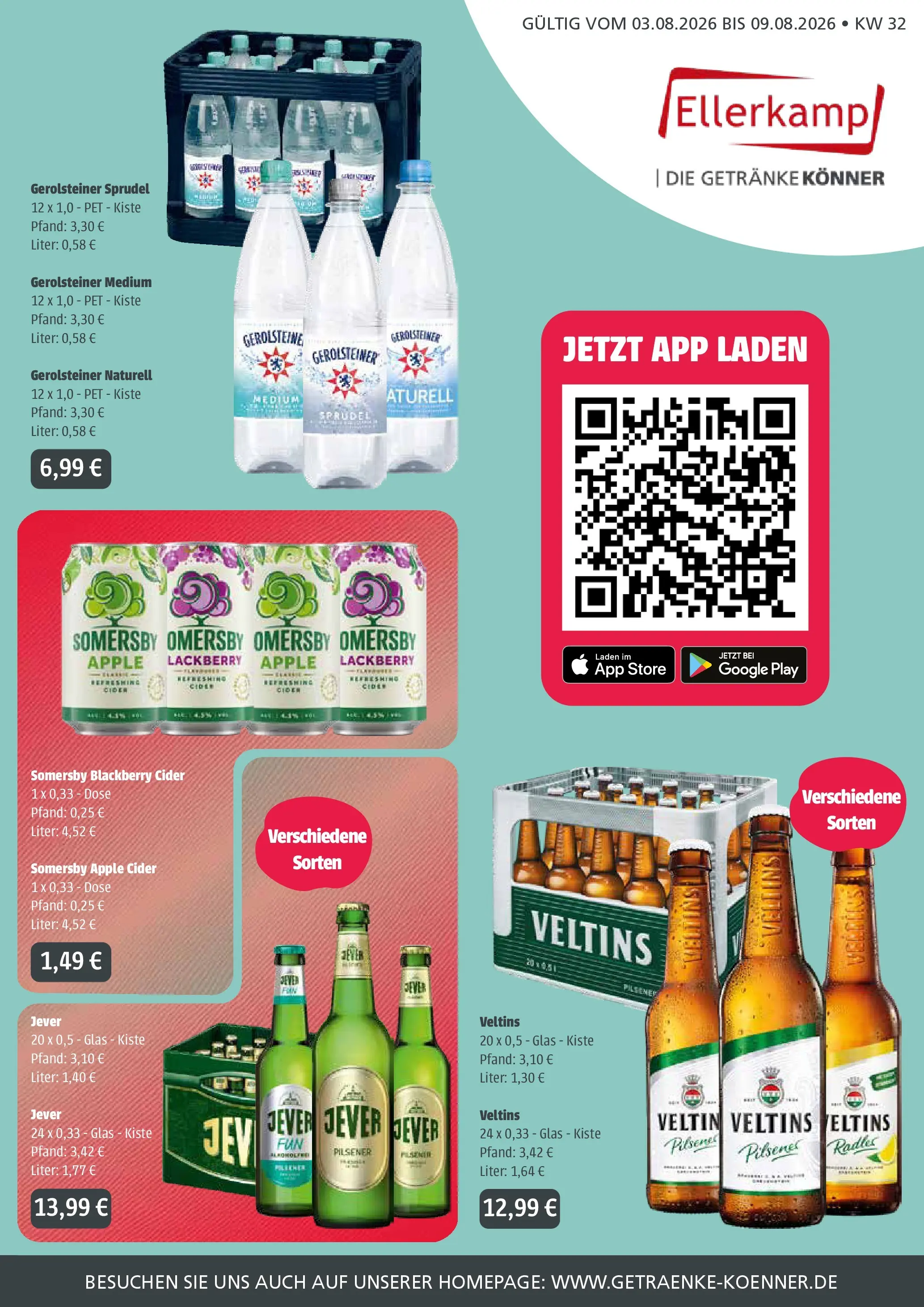 Angebote - Getränke Ellerkamp: Getränkeangebote (ab 03.08.2026) zum Blättern | Seite: 1 | Produkte: Apple, Jever, Veltins, Gerolsteiner