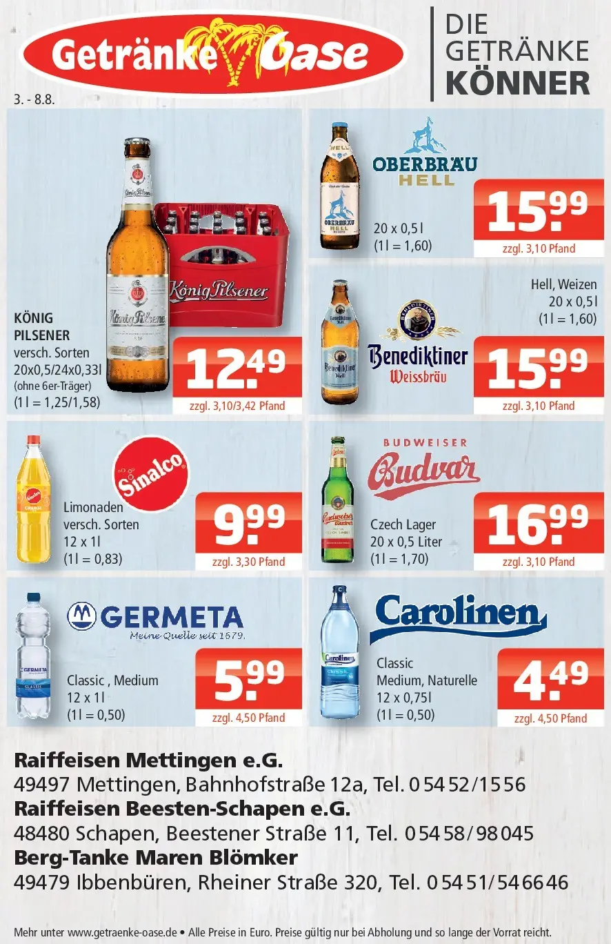 Angebote - Getränke Oase: Getränkeangebote (ab 03.08.2026) zum Blättern | Seite: 1 | Produkte: Sinalco, Budweiser
