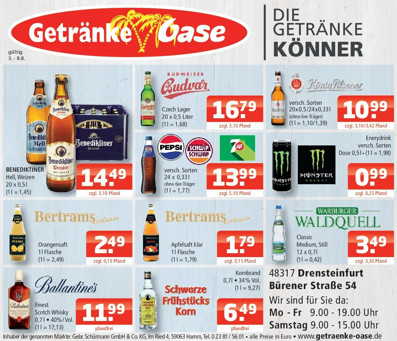 Angebote - Getränke Oase: Getränkeangebote (ab 03.08.2026) zum Blättern | Seite: 1 | Produkte: Whisky, Äpfel, Orangensaft, Monster