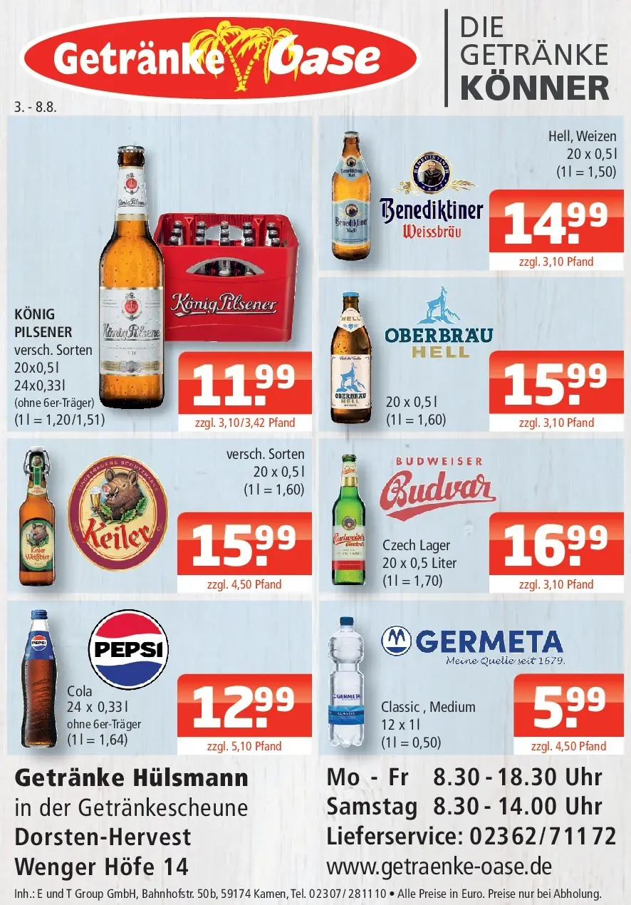 Angebote - Getränke Oase: Getränkeangebote (ab 03.08.2026) zum Blättern | Seite: 1 | Produkte: Cola, Pepsi, Budweiser, Uhr